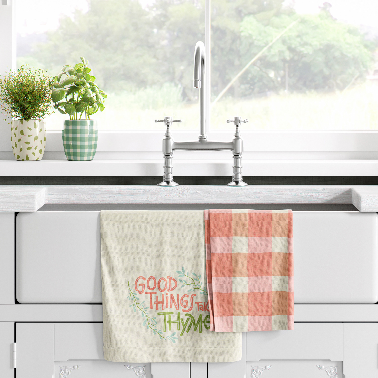 Good Things Take Thyme hand lettered tea towel mockup by Mabel Chow,licensable surface designs