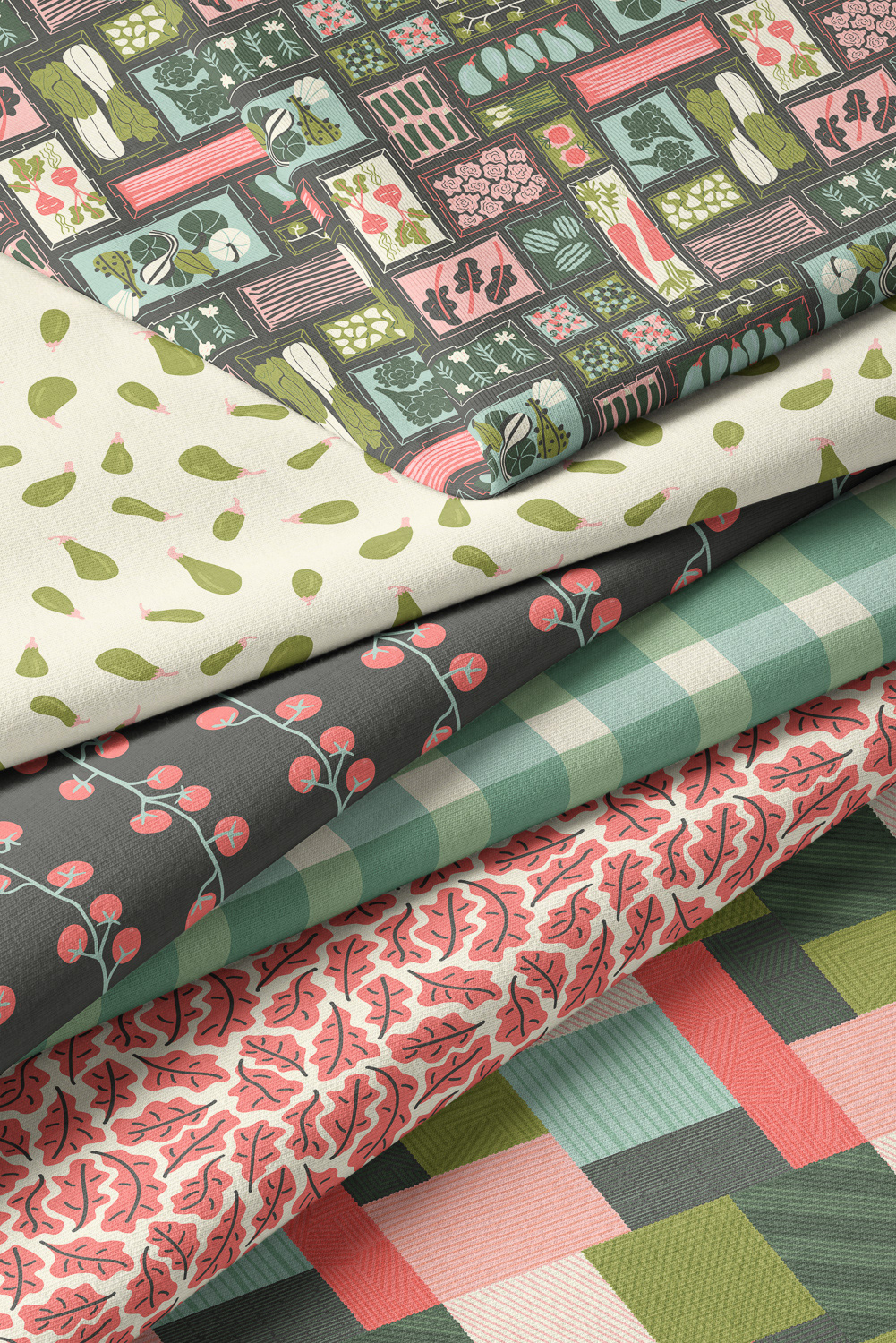 Modern vintage produce patterns fabric mockup by Mabel Chow, licensable surface pattern designs