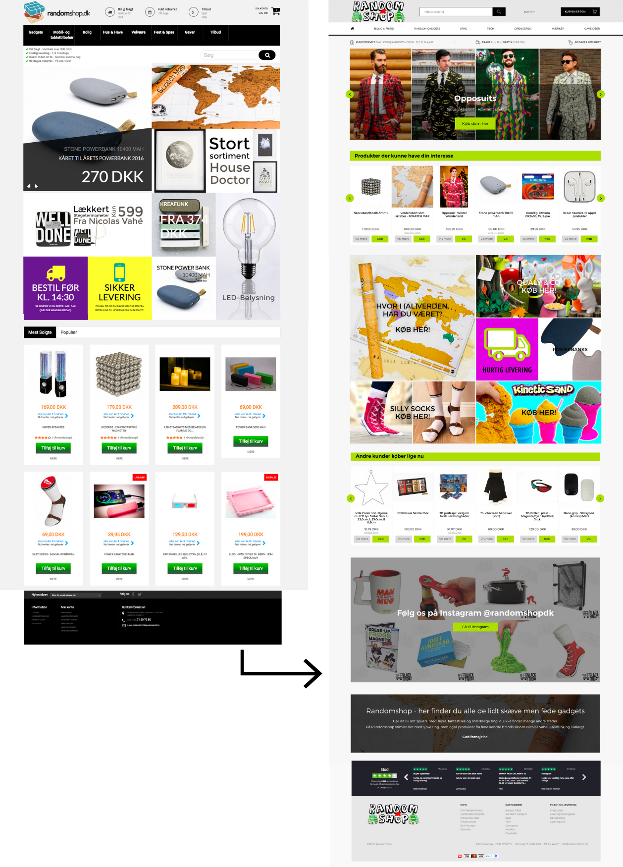 Webshop udvikling for RandomShop (HostedShop og PrestaShop). Højre side er den gamle webshop og den til venstre er den nye.