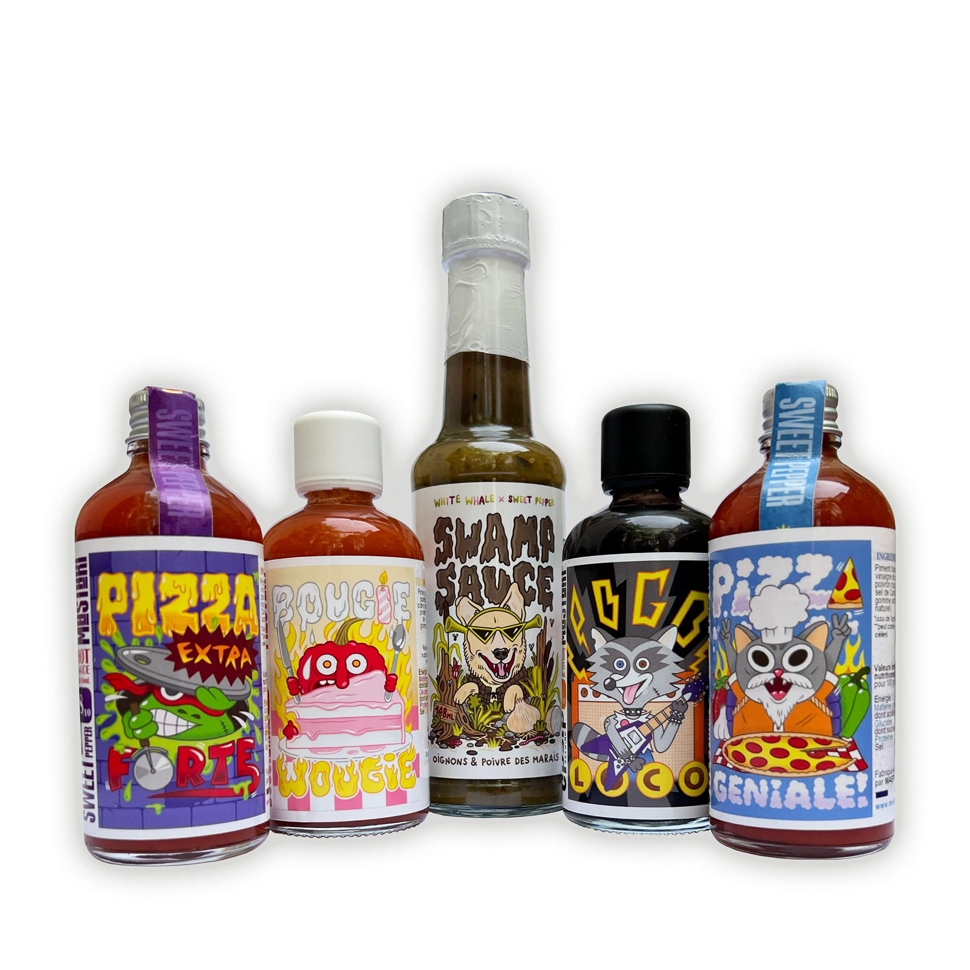 Hot sauce label art collection for MASTARI and SWEET PEPPER (2024-2026)
