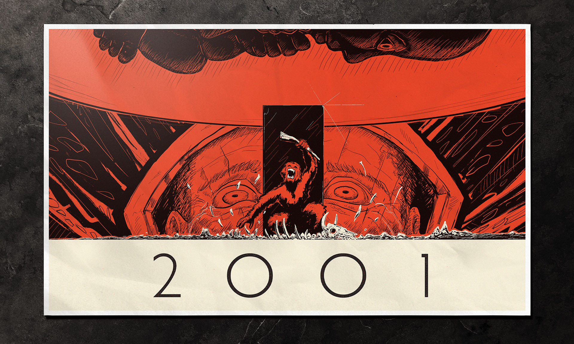 red and black colored Illustration of 2001 Space Odyssey