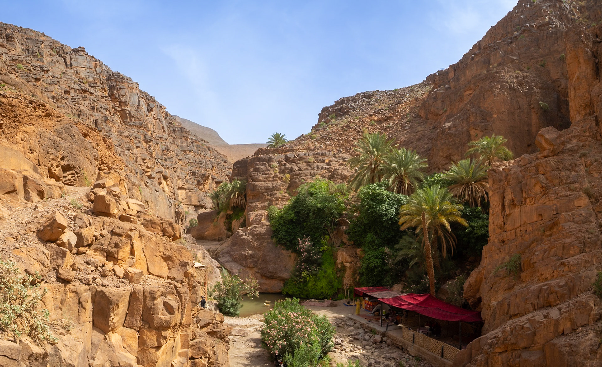 The rest area by Tizgiu waterfall in the Atlas Mountains, Morocco