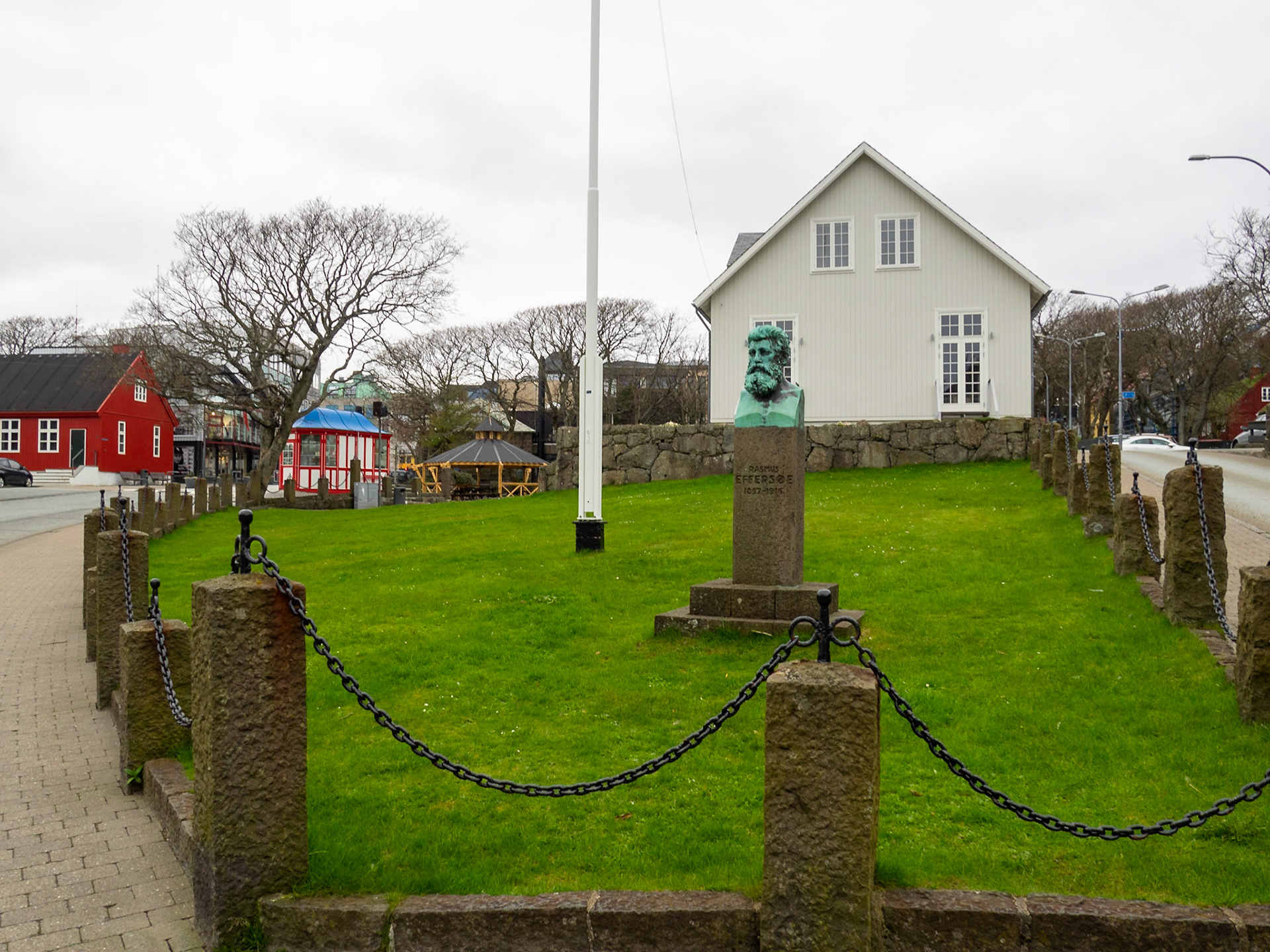 Løgting, Faroe Islands Parliament house in Vaglið square, and Rasmus Effersøe bust, Tórshavn