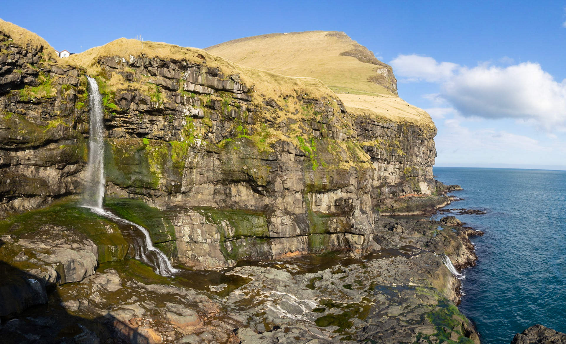 Kalsoy coastline cut in the mountain cliffs near Mikladalur