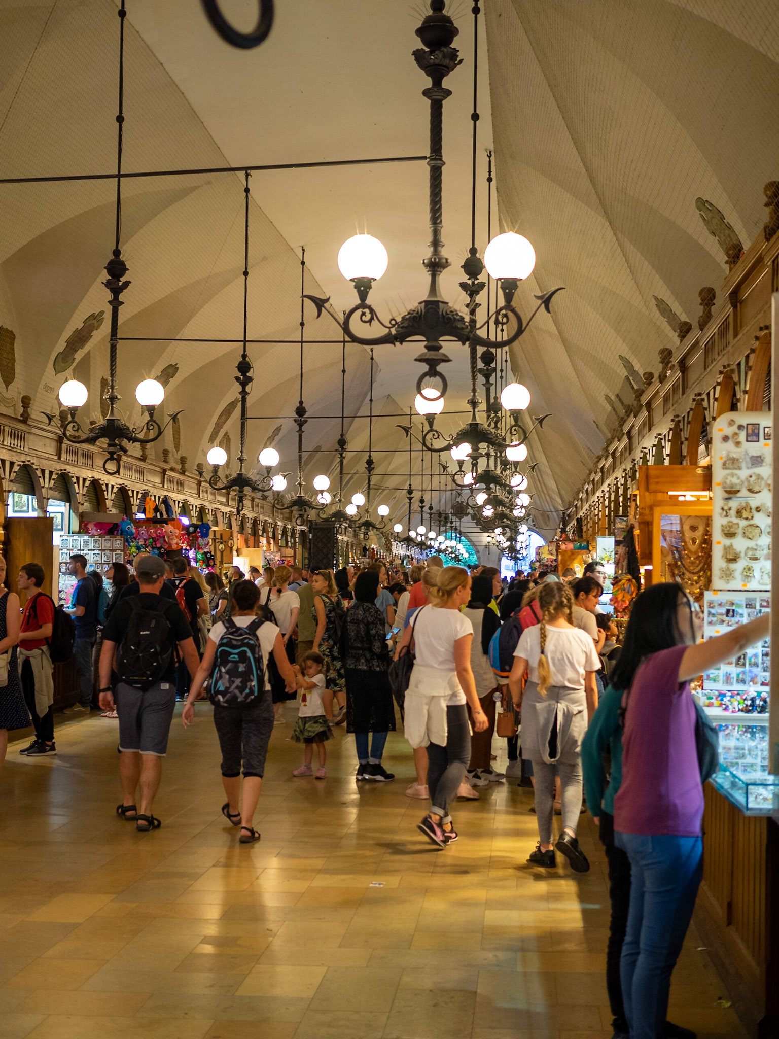 Souvenir stalls inside Krakow's Cloth Hall building