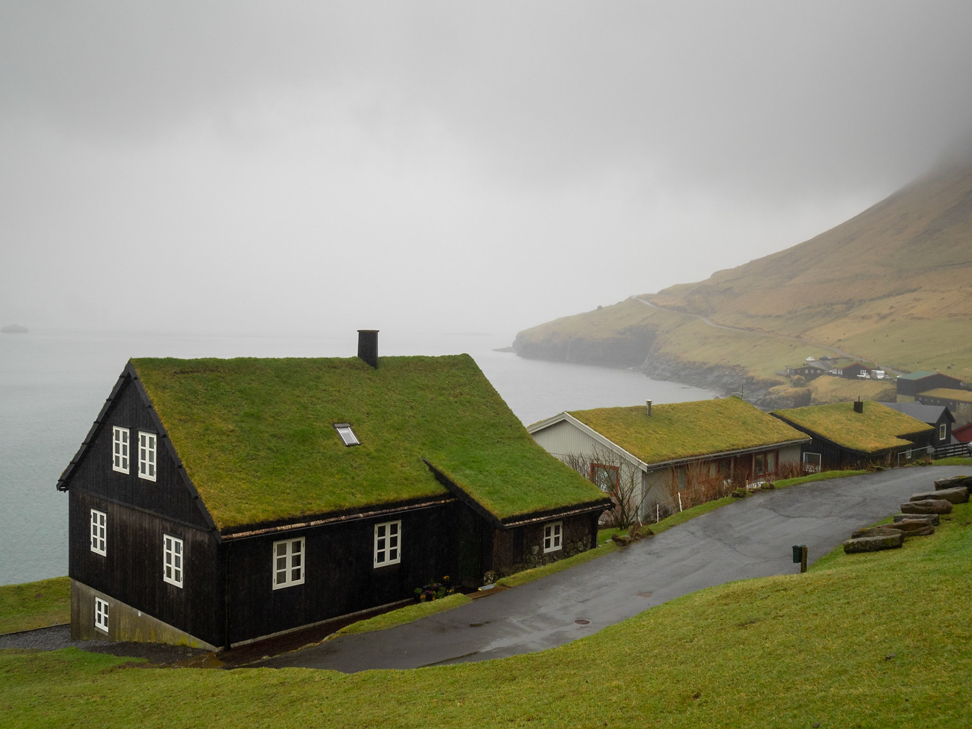 Sod roof houses by the sea in Bøur