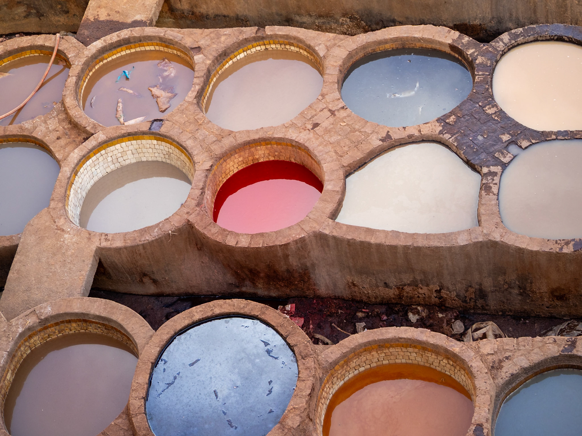 Tanks with different colors in Fez medina tannery, Morocco