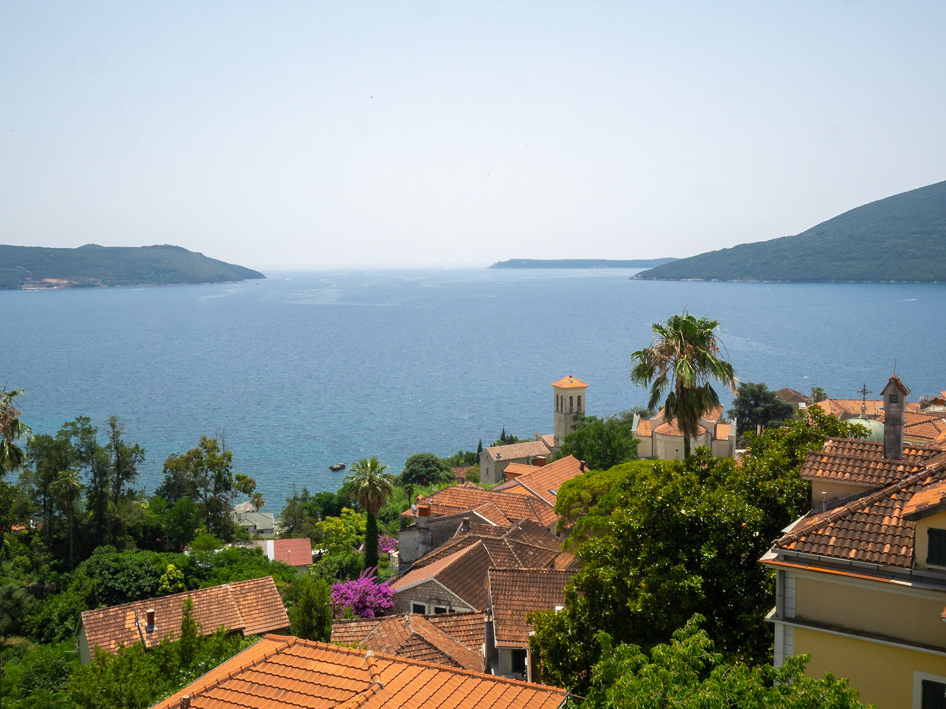 View to Kotor Bay entrance over the roofs of Herceg-Novi