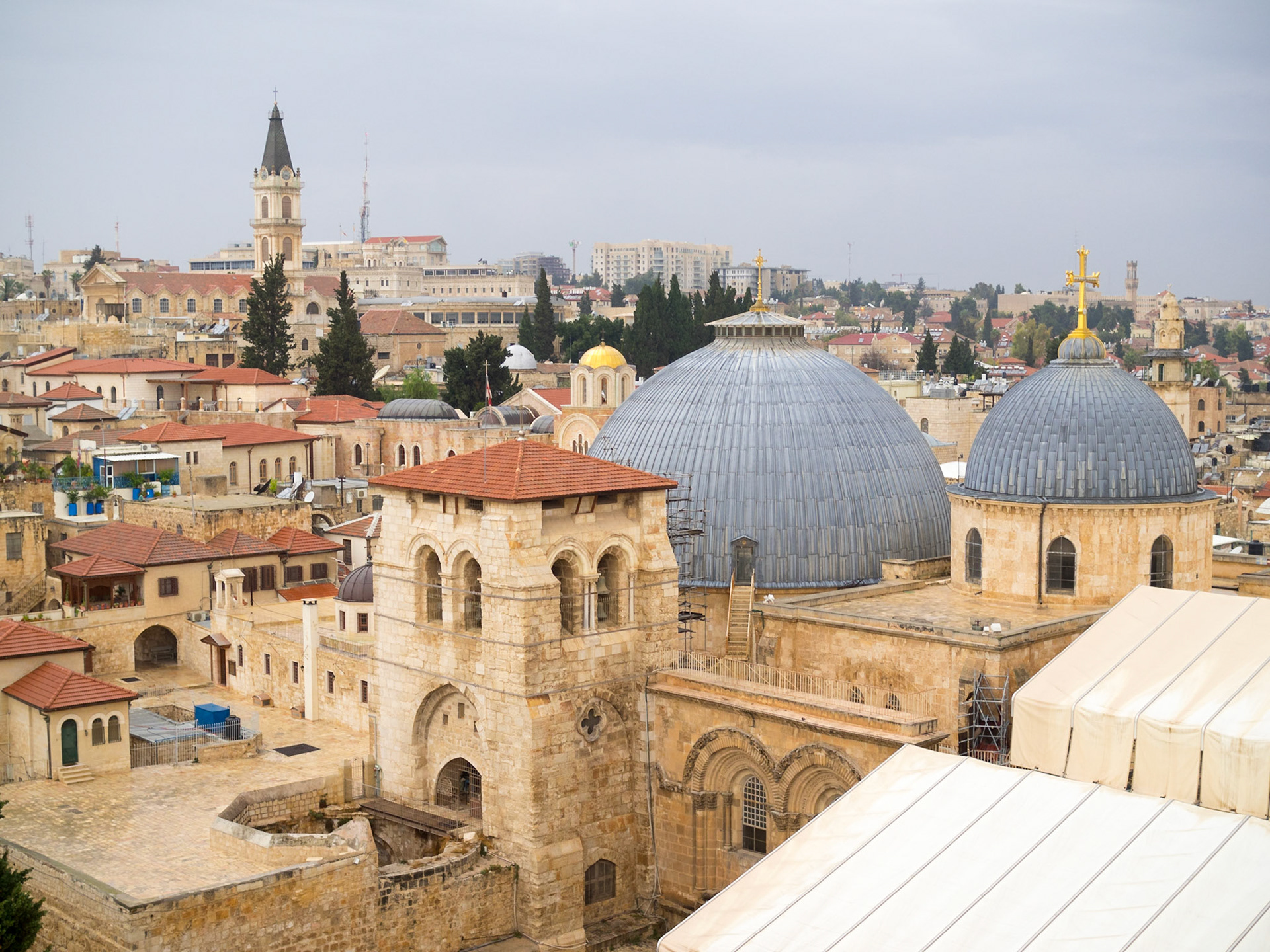 View of Church of the Holy Sepulcher] domes from the Lutheran Church of the Redeemer tower