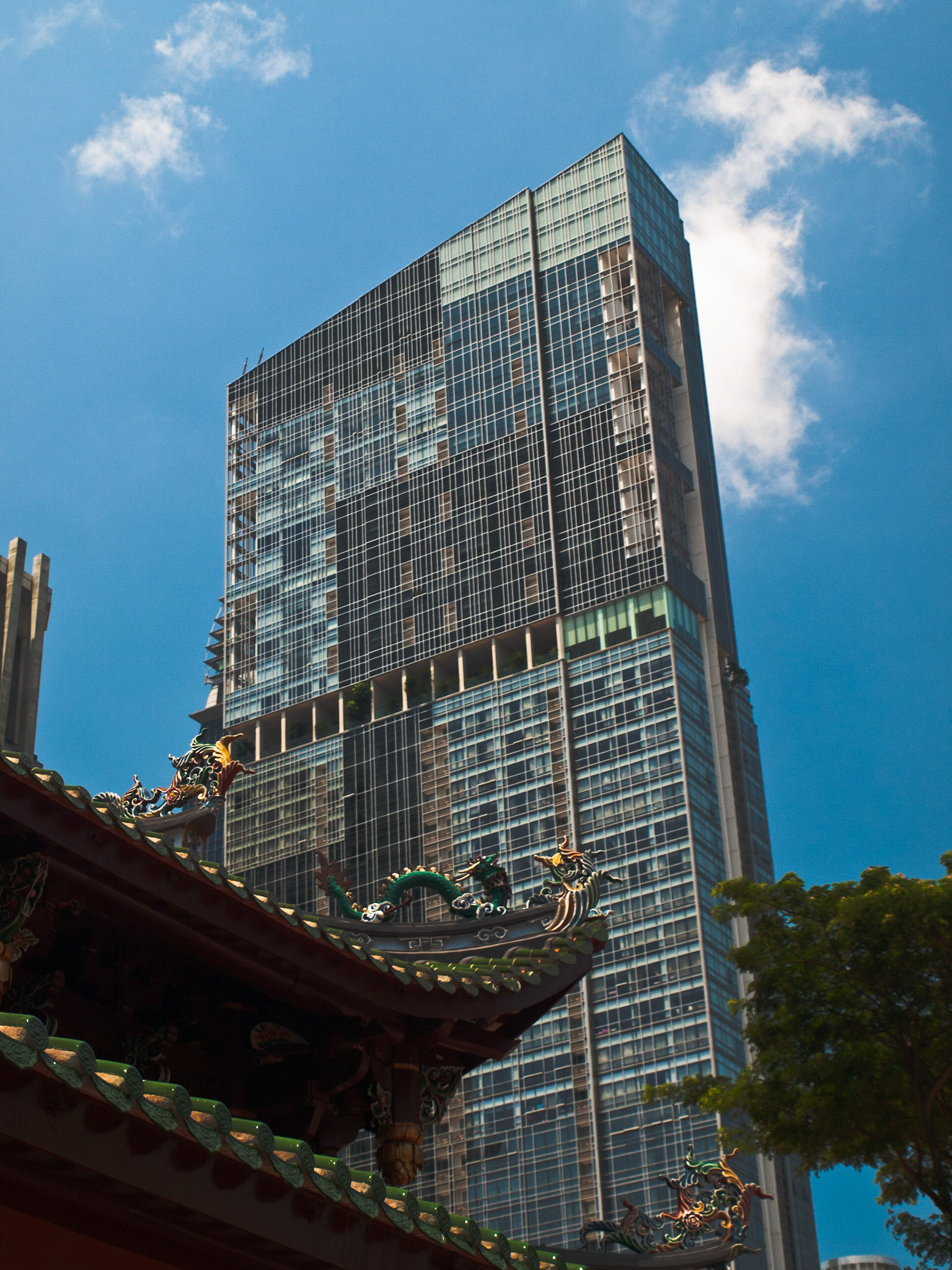 Thian Hock Keng Temple roof and office tower