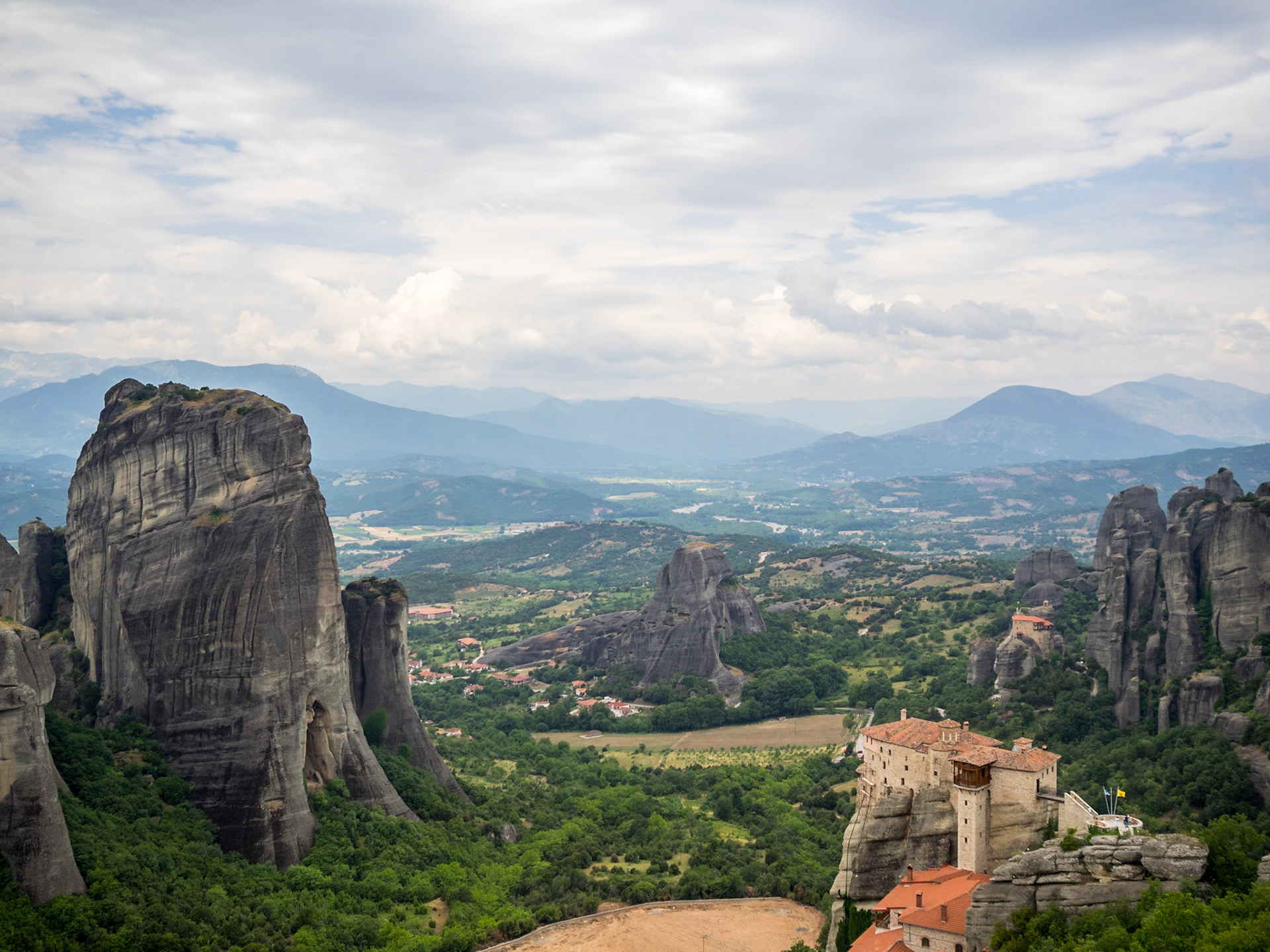 Meteora landscape with Moni Agiou Nikolaou in the far out and Moni Agias Varvaras Rousanou in the front