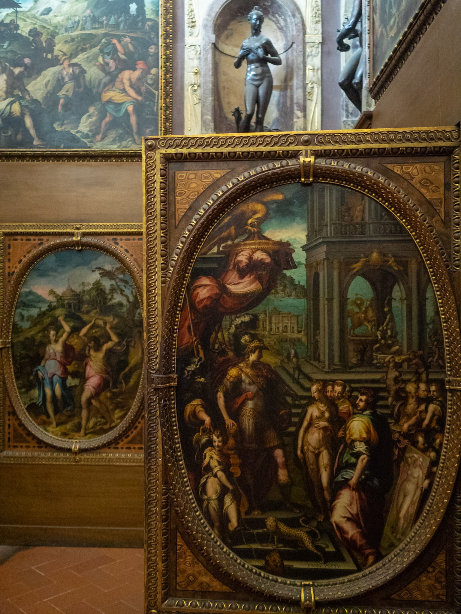 Secret door with painting decoration in one of the secret rooms of Florence Palazzo Vecchio