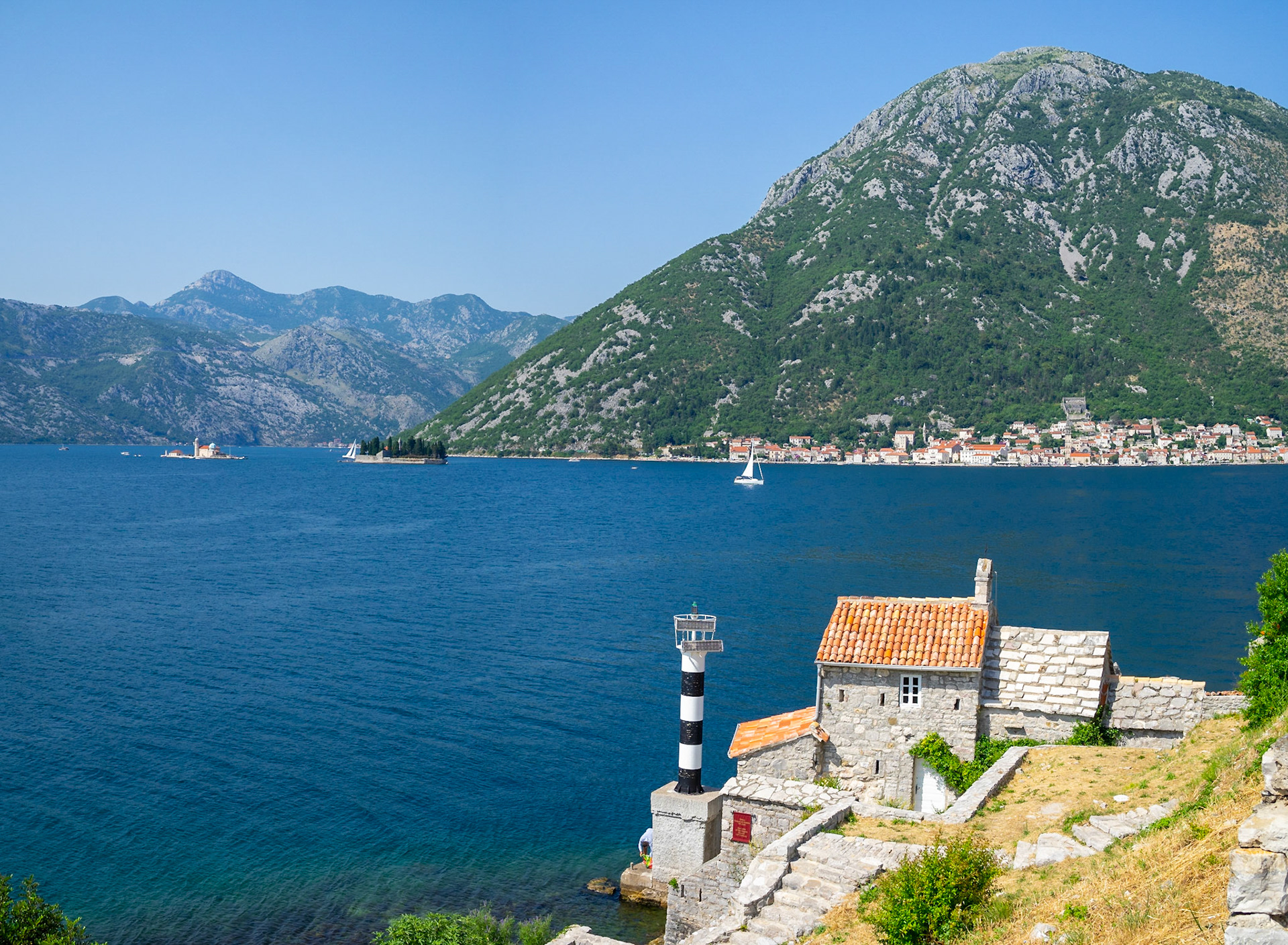the Church of Our Lady of the Angels with Perast in background, Montenegro