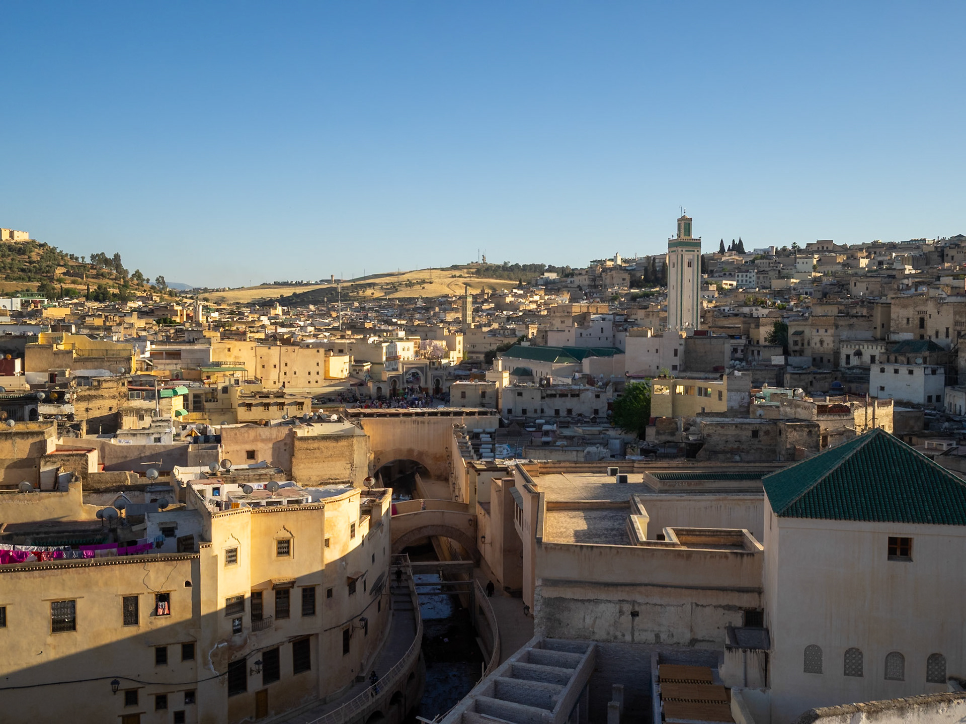 Fez medina rooftop terraces in the cityscape, Morocco