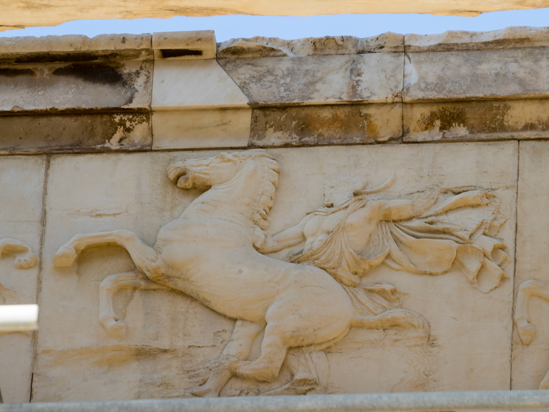 Detail of frieze carving of man and horse from the Parthenon