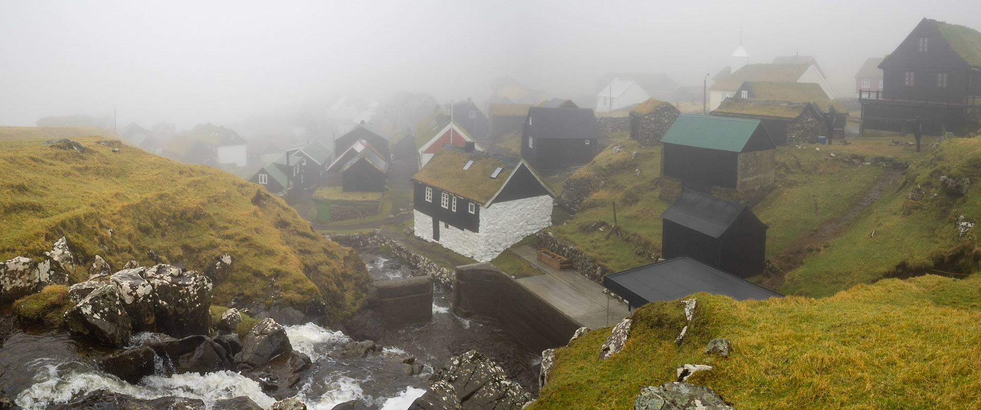 Mykines hamlet in the fog