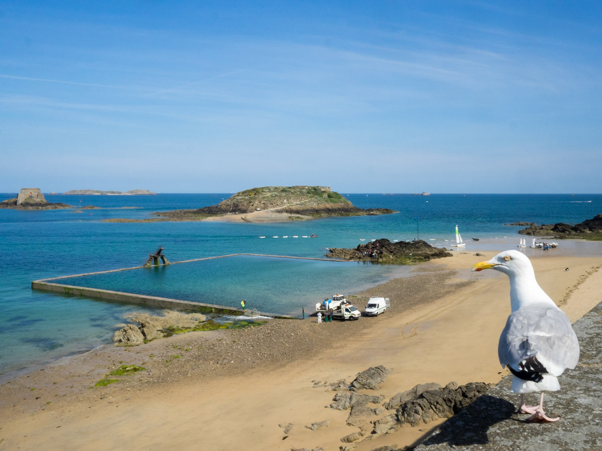 Grand Bé and Petit Bé islands in low tide behind the Plage du Mole ocean pool with seagull in foreground