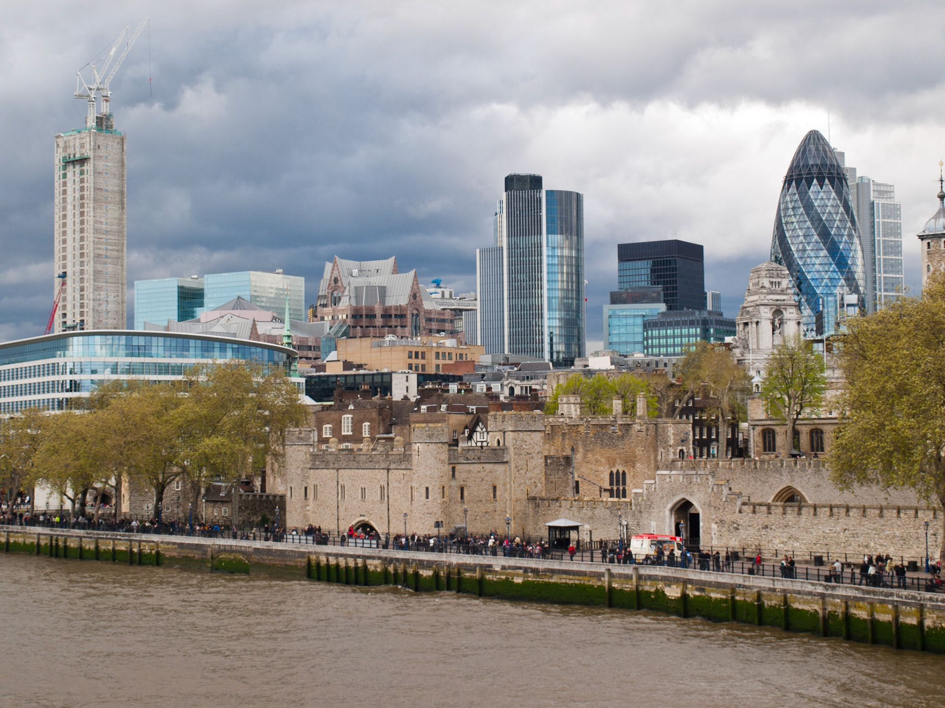 London view with St Mary on Ax, The Tower of London and the Thames river