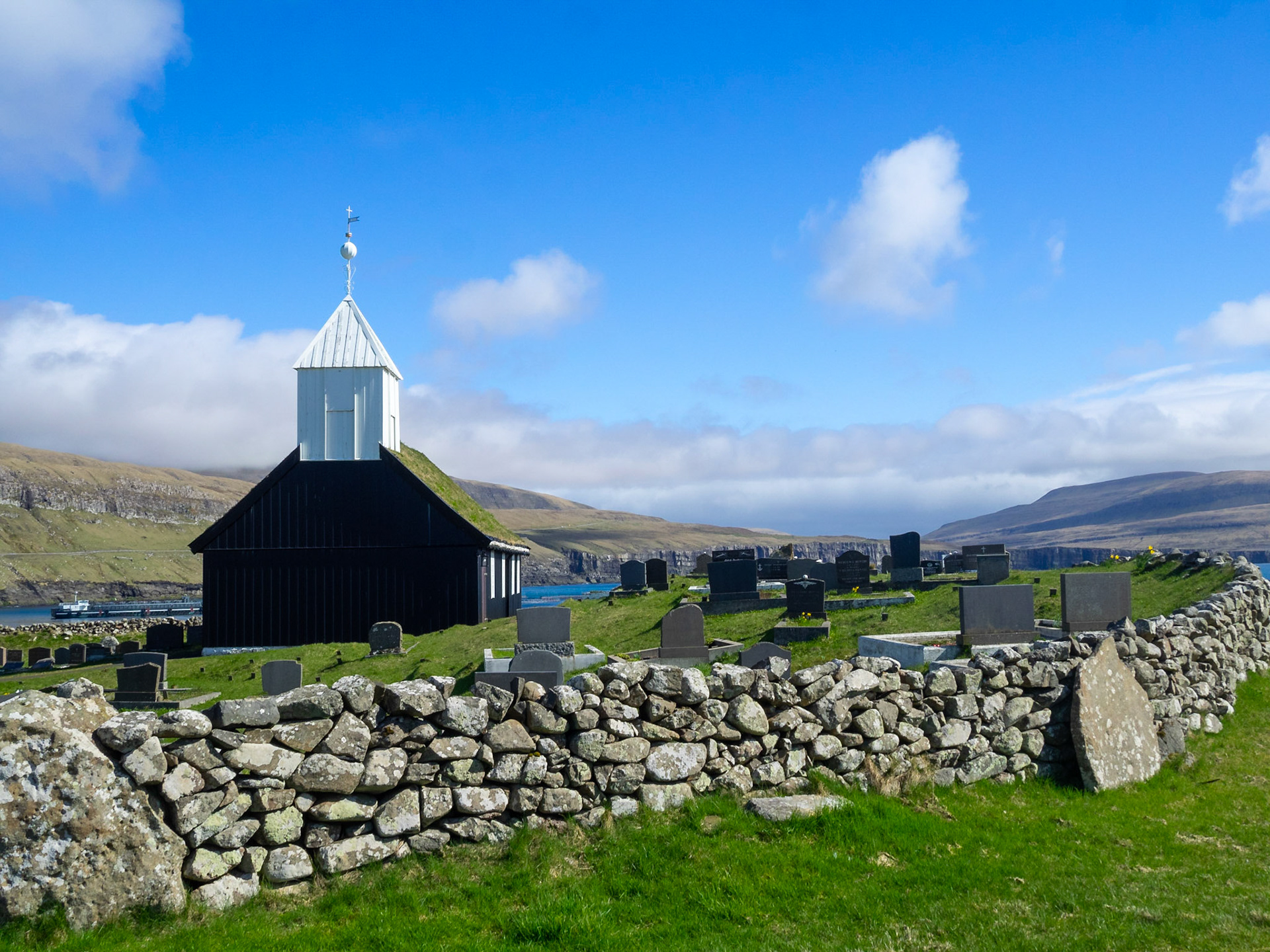 Sandur black turf roofed church and graveyeard