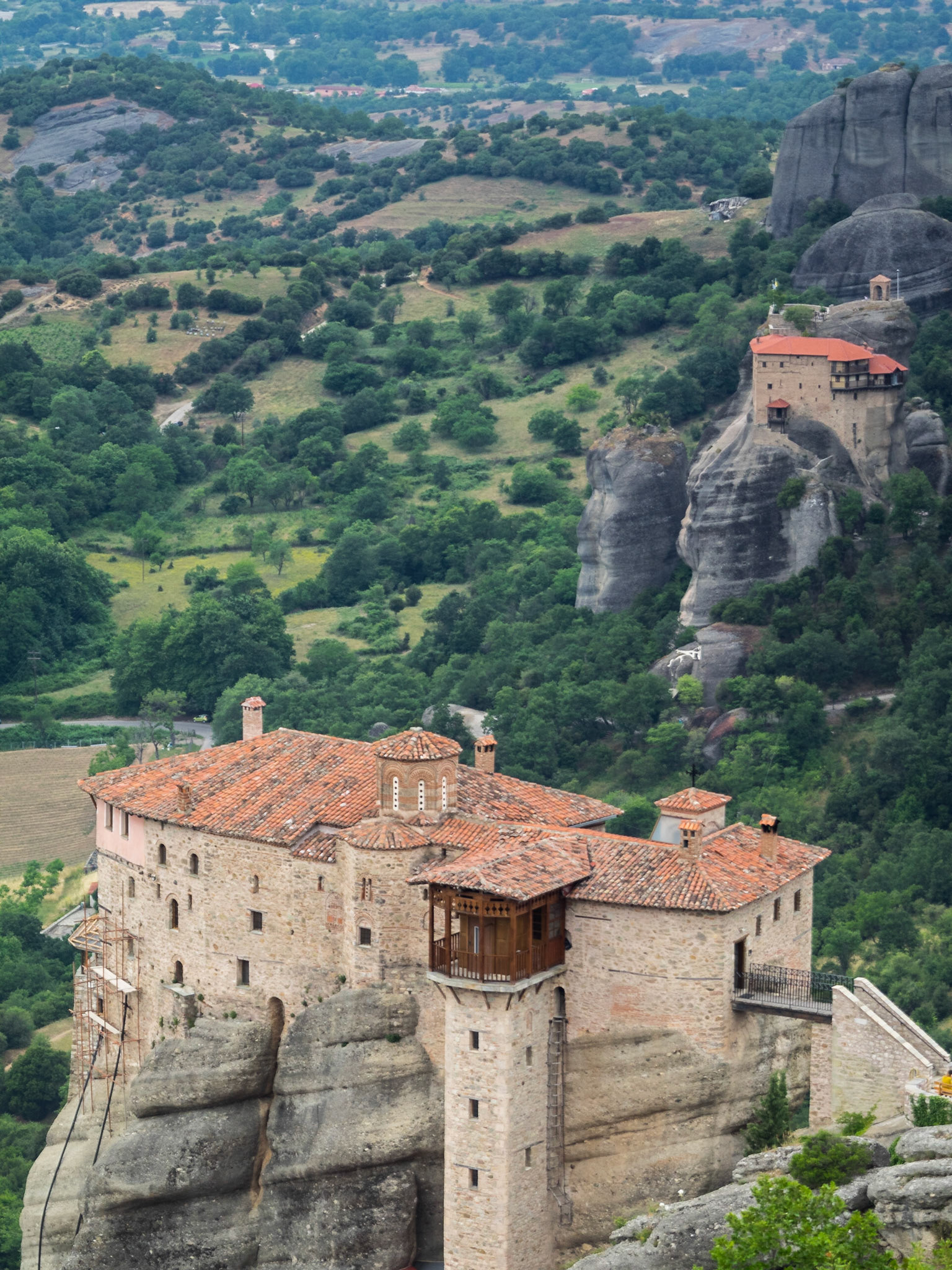 Moni Agias Varvaras Rousanou monastery seen from above with Moni Agiou Nikolaou on the background
