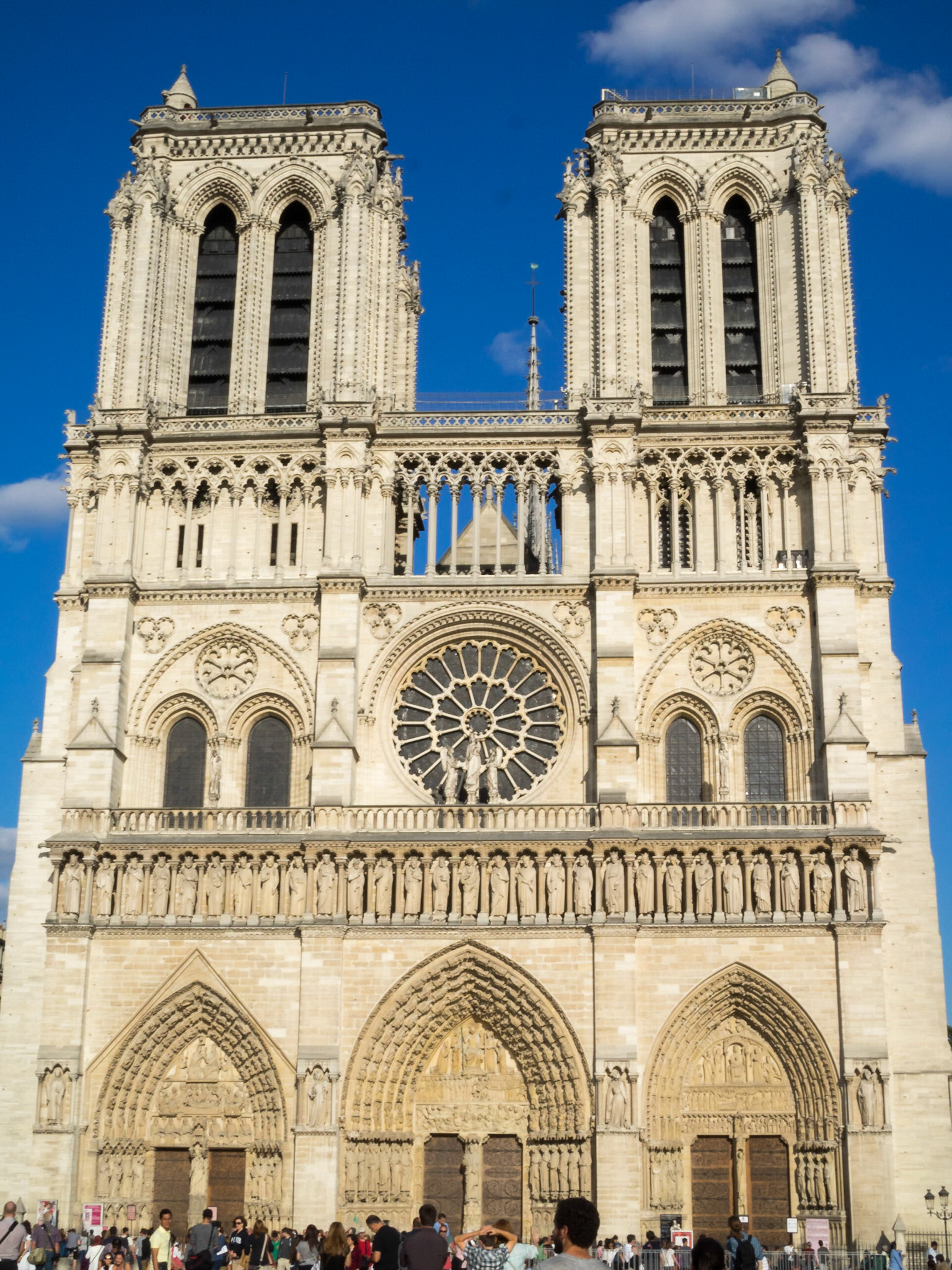 Tourists by the Notre-Dame facade in a sunny day