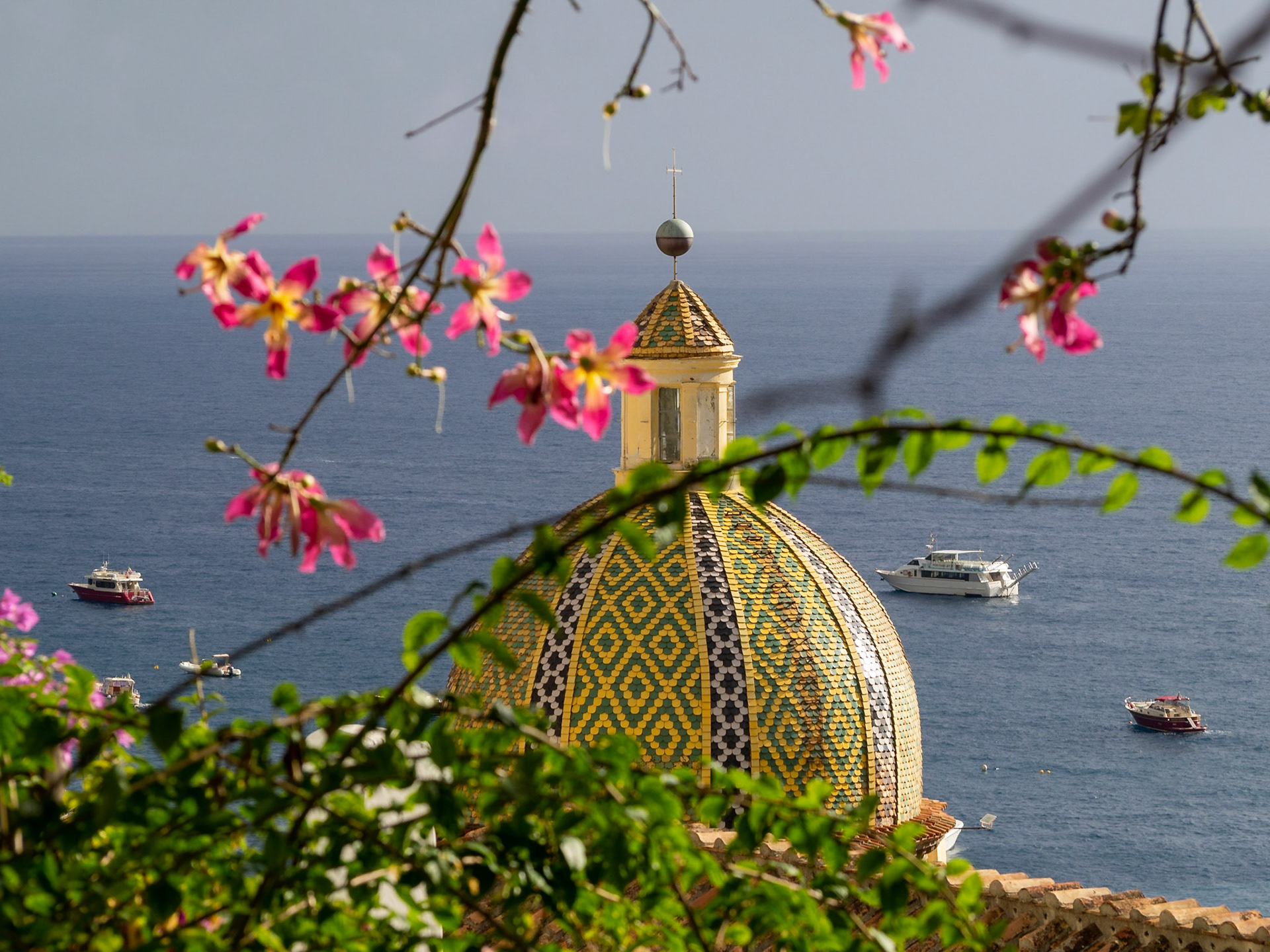 Majolica tiles covered dome of the Church of Our Lady of the Assumption, Positano