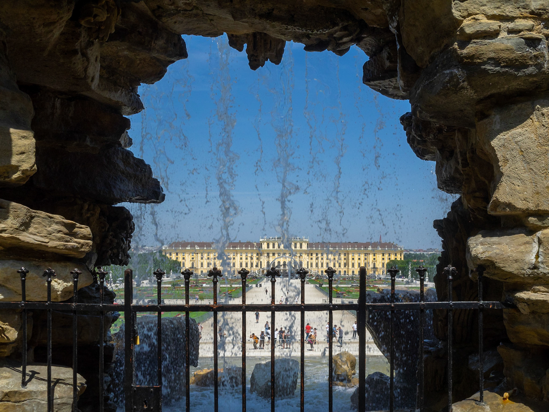 Schonbrunn Palace seen behind the waterfall