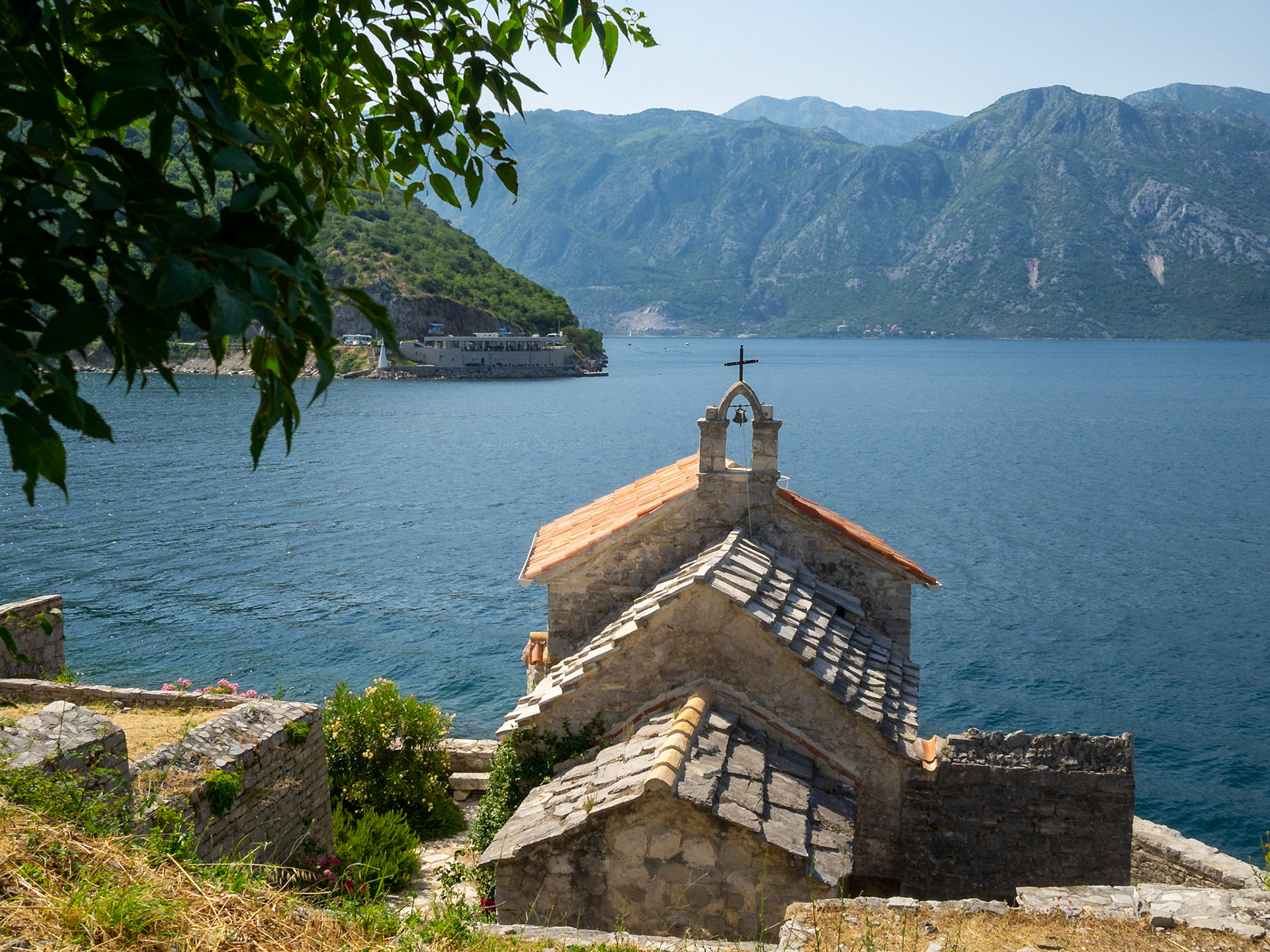 The Strait of Verige seen behind the Church of Our Lady of the Angels, Montenegro