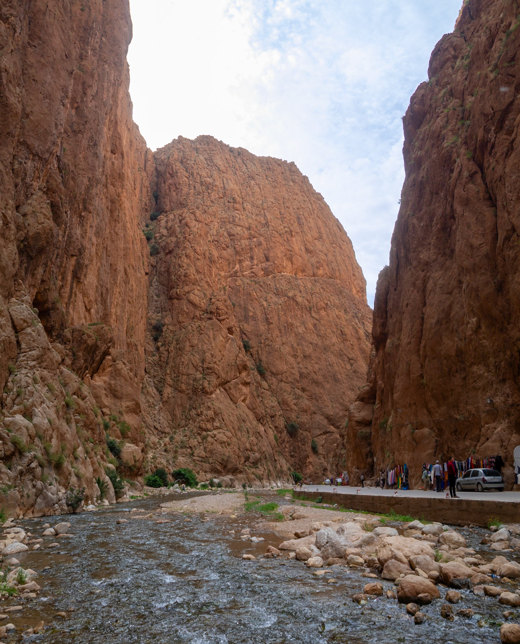 Todgha River crossing the narrow gorge between the high mountains, Morcocco
