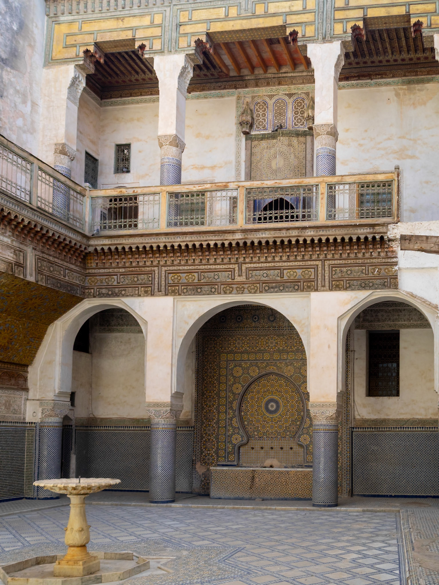 Dar Glaoui western courtyard balcony and fountain, Fez, Morocco