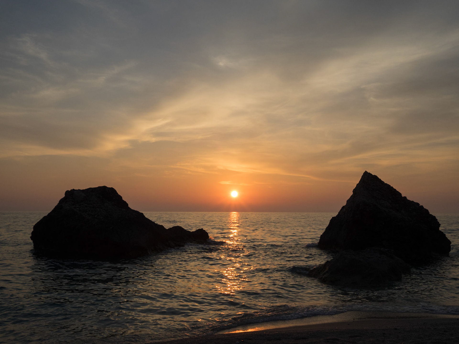 The sunset over the sea at Kavalikefta beach