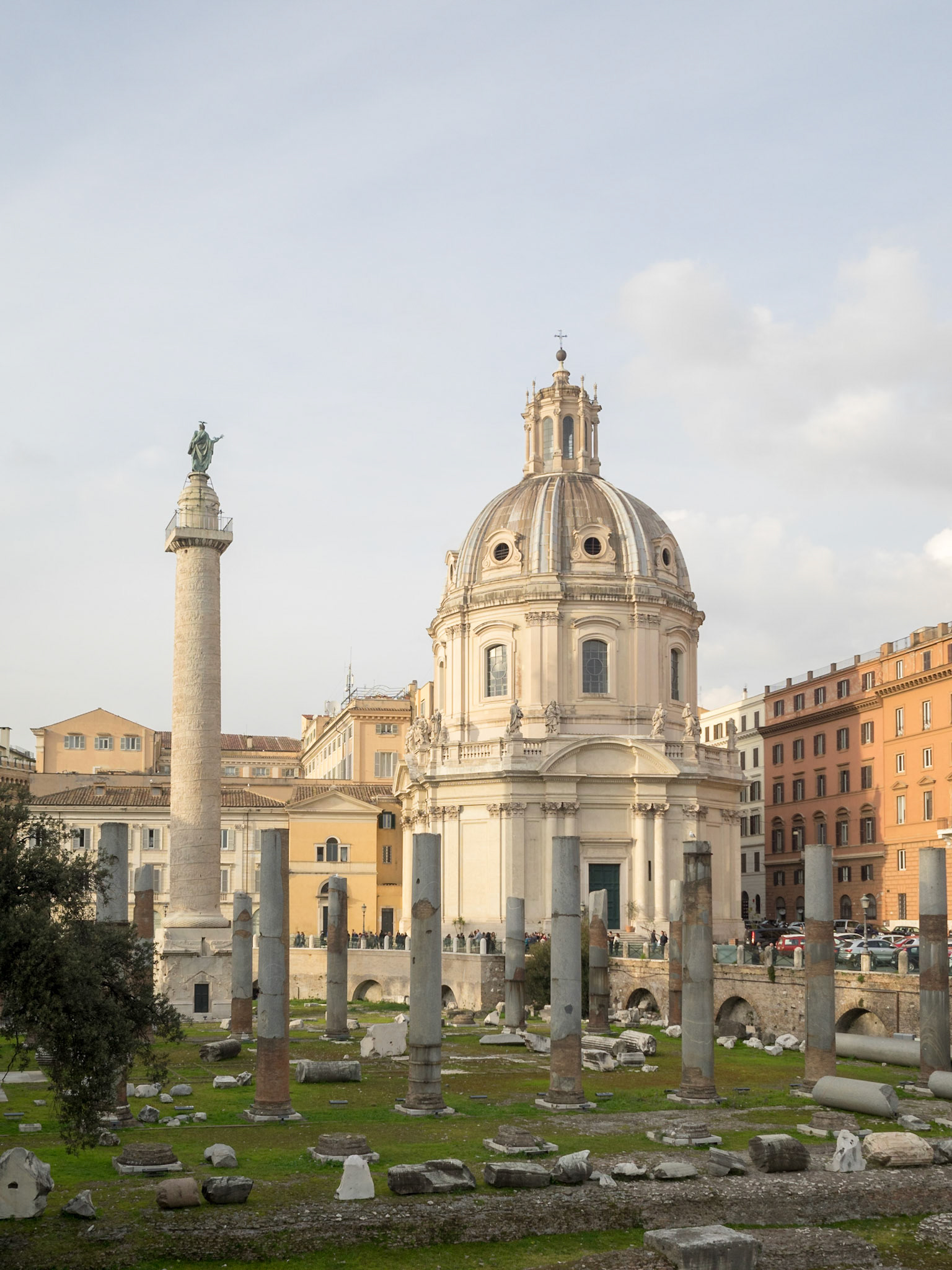 Basilica Ulpia ruins, Trajans Column and Santissimo Nome di Maria church, Rome