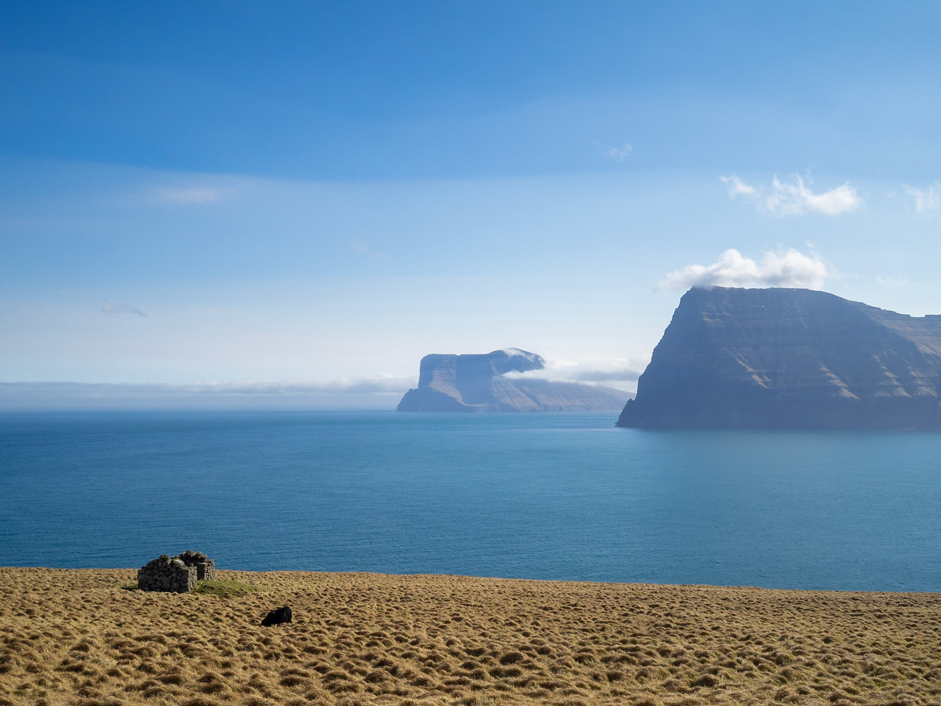 Kunoy and Vidoy north tips seen from Kalsoy Kallur lighthouse hiking path