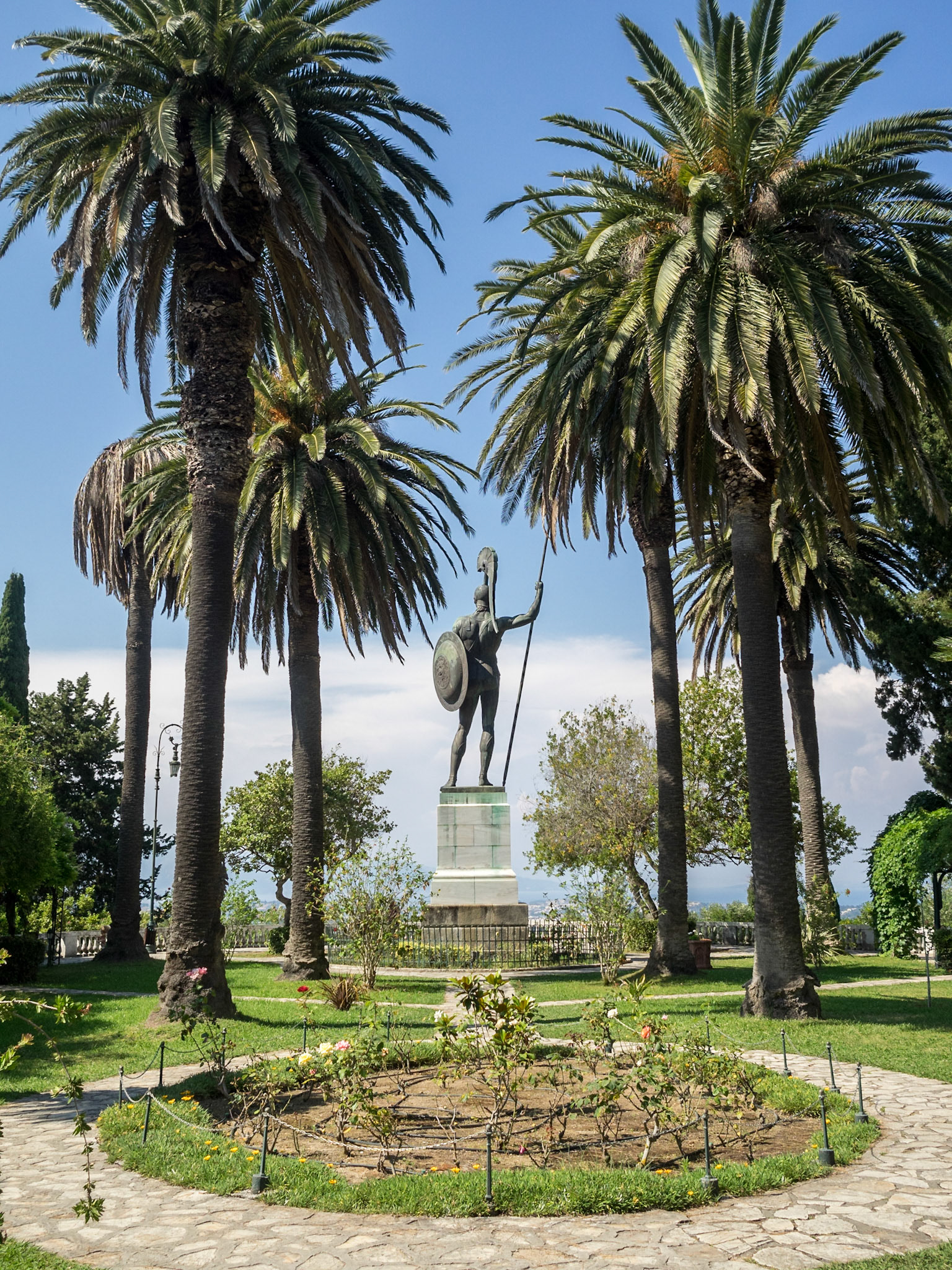 Achillion Palace garden with Achilles statue in the center