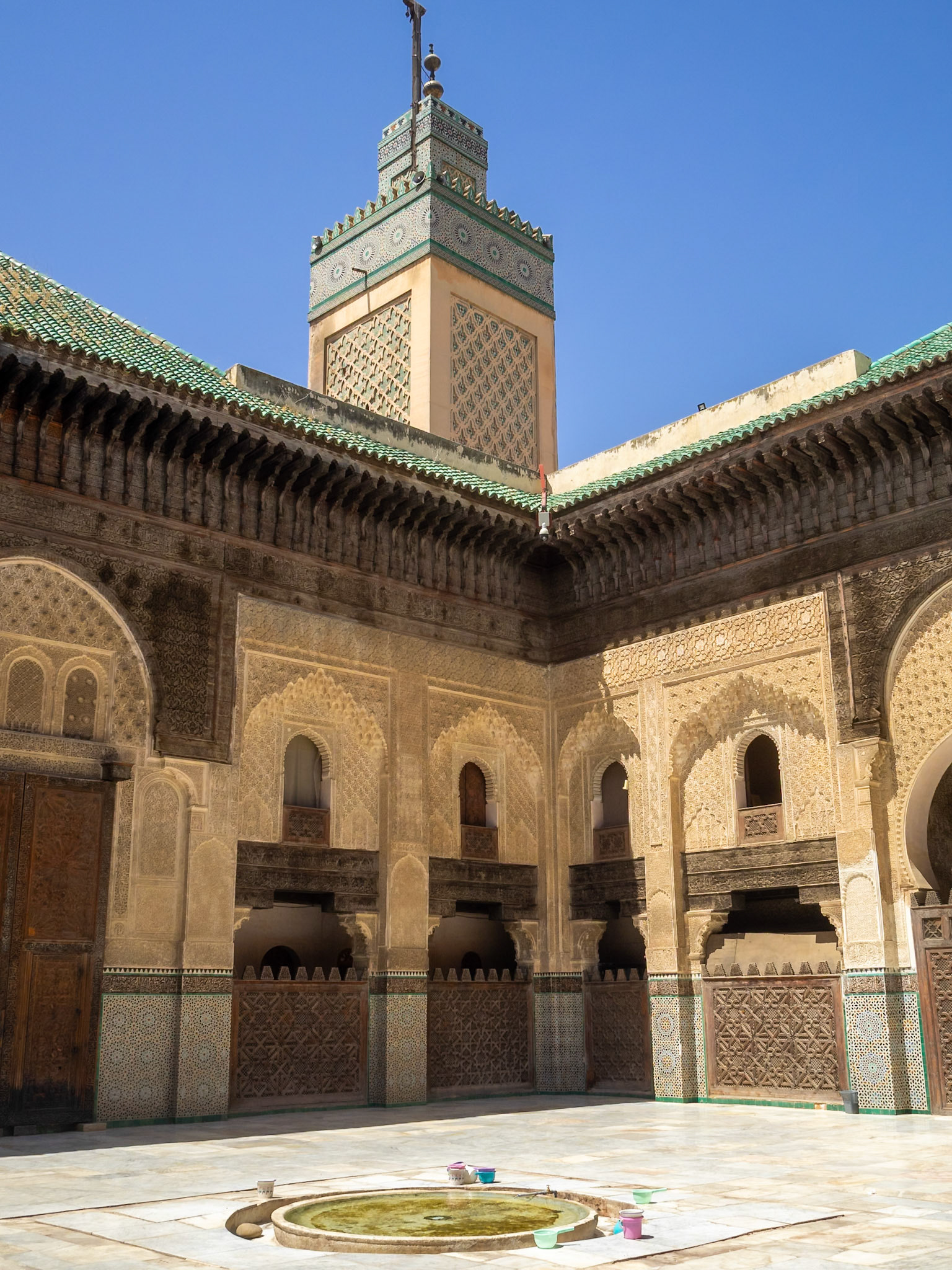 Bou Inania Madrasa courtyard and minaret, Fez, Morocco