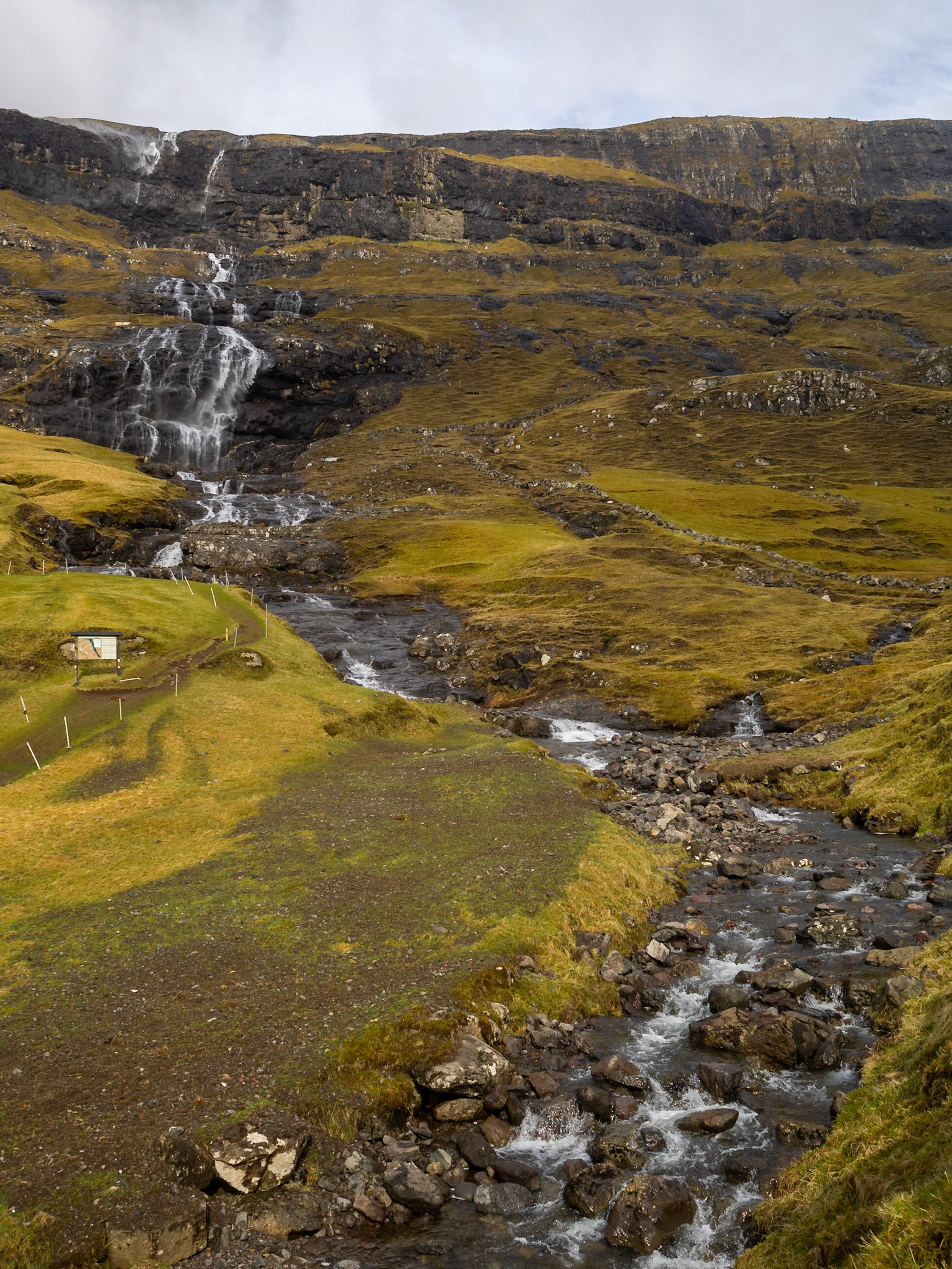 A waterfall descends the mountains in Saksun
