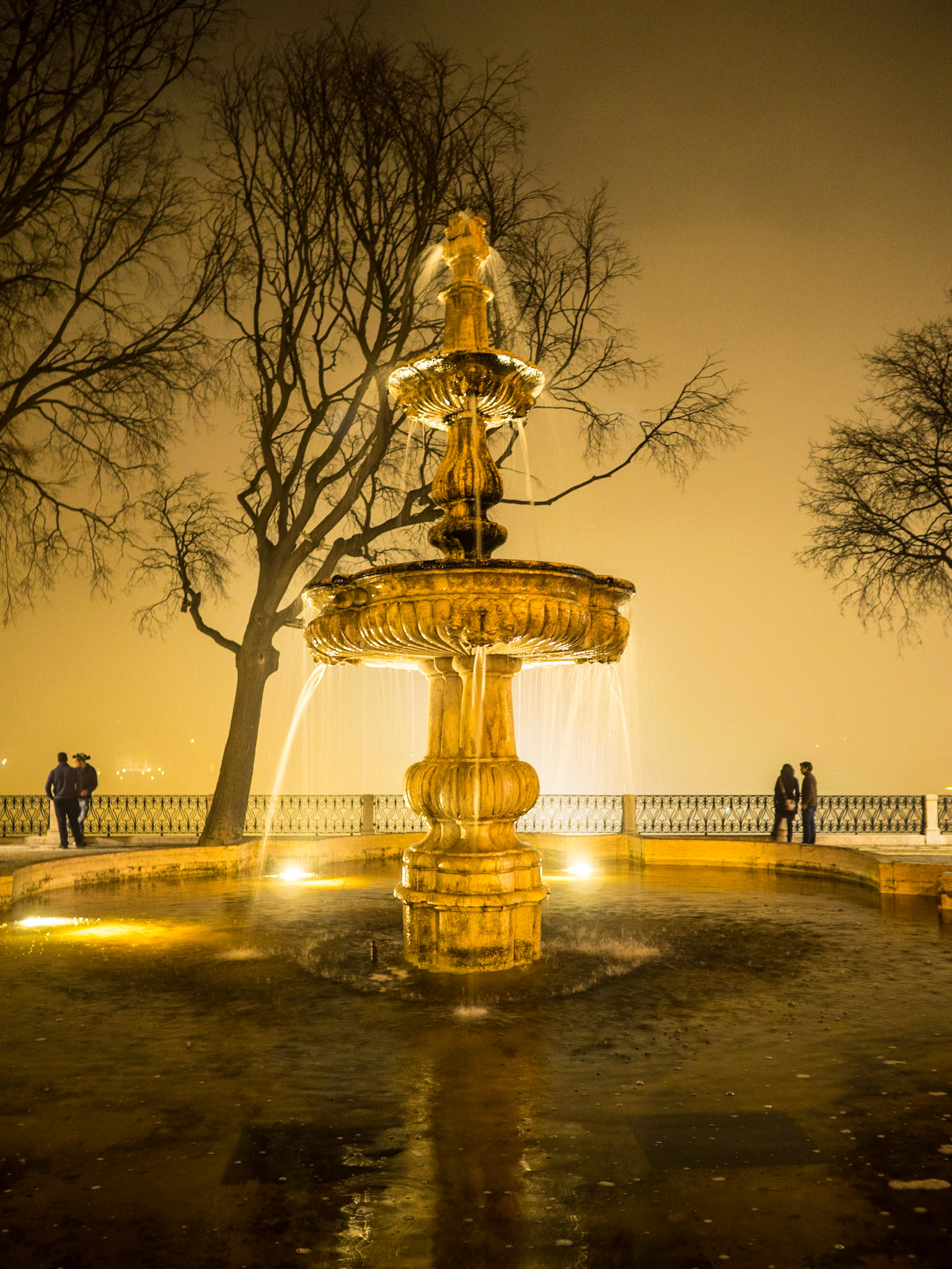 Sao Pedro de Alcantara park fountain at night with fog in background