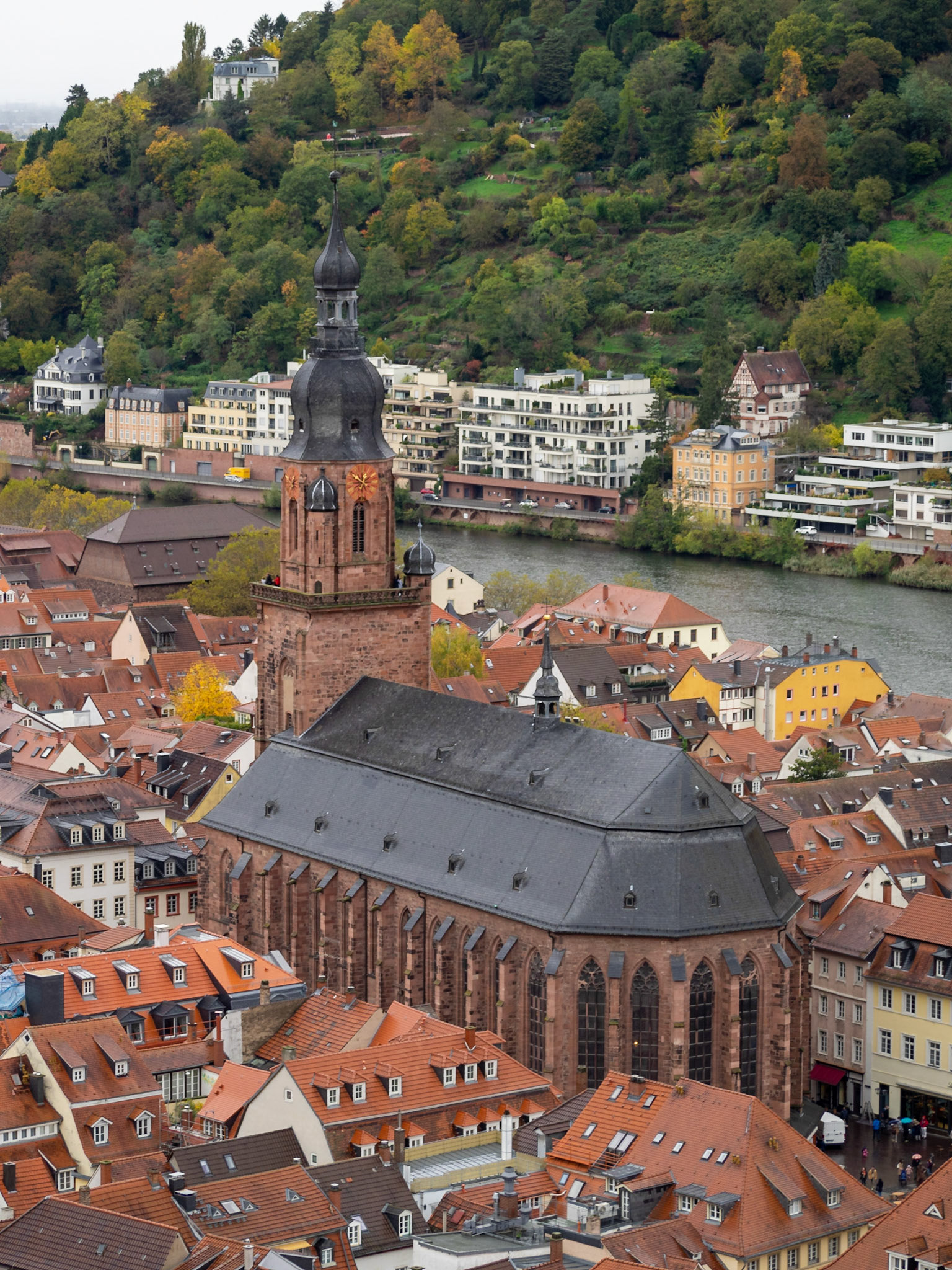 Heidelberg's Holy Spirit Church seen over the city roofs from the Castle grounds