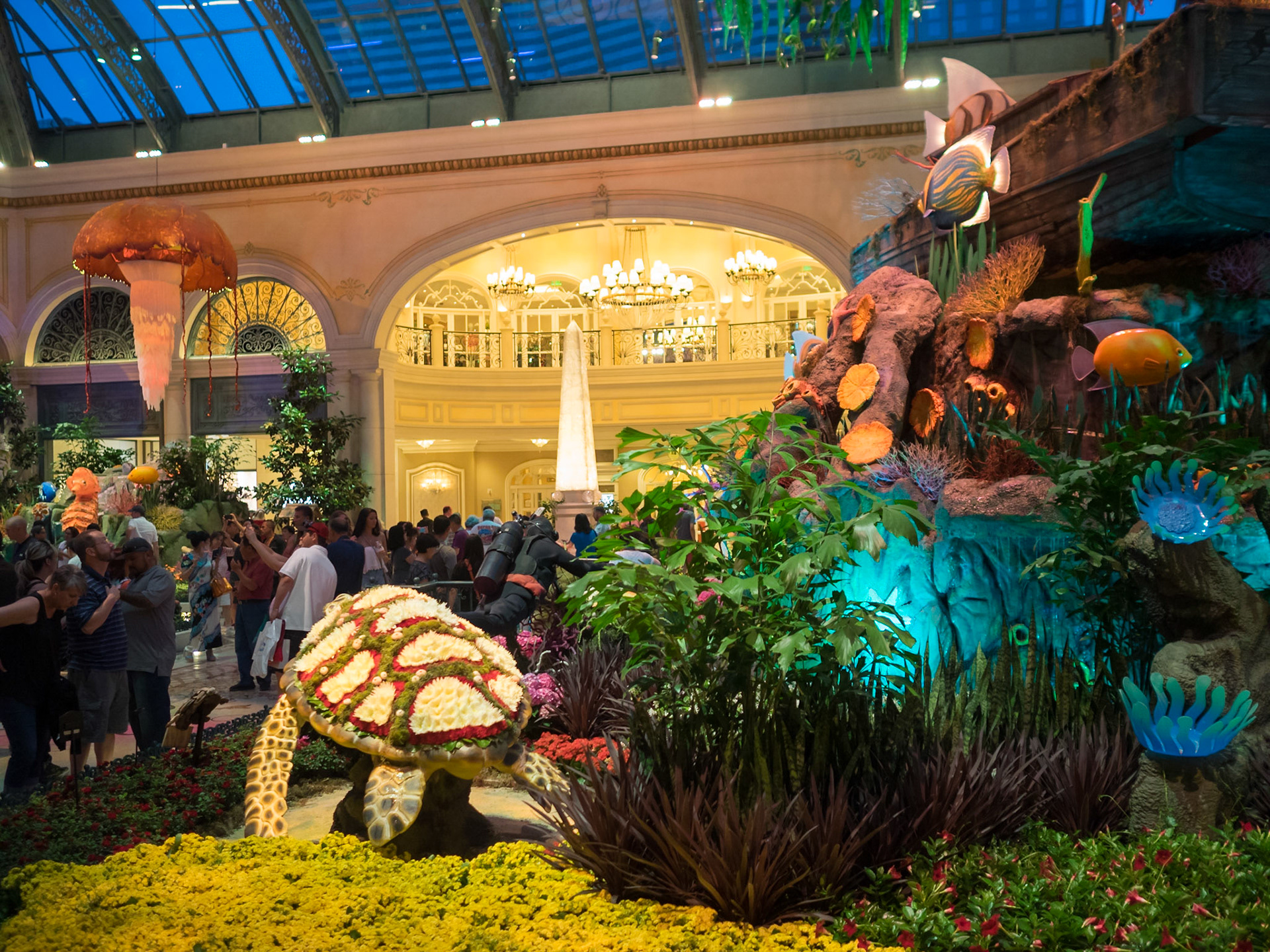 The kitsch aquatic decor of the Bellagio Hotel and Casino ground floor