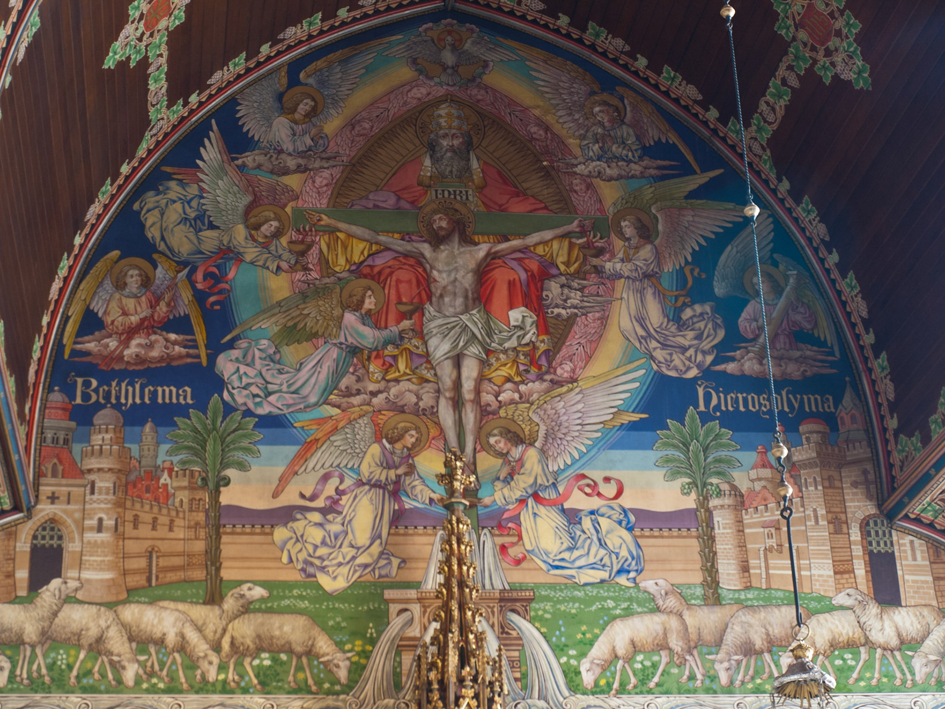 Heilig Bloed Basilick (Holy Blood Basilica) interior fresco of the crucification of Christ with angels