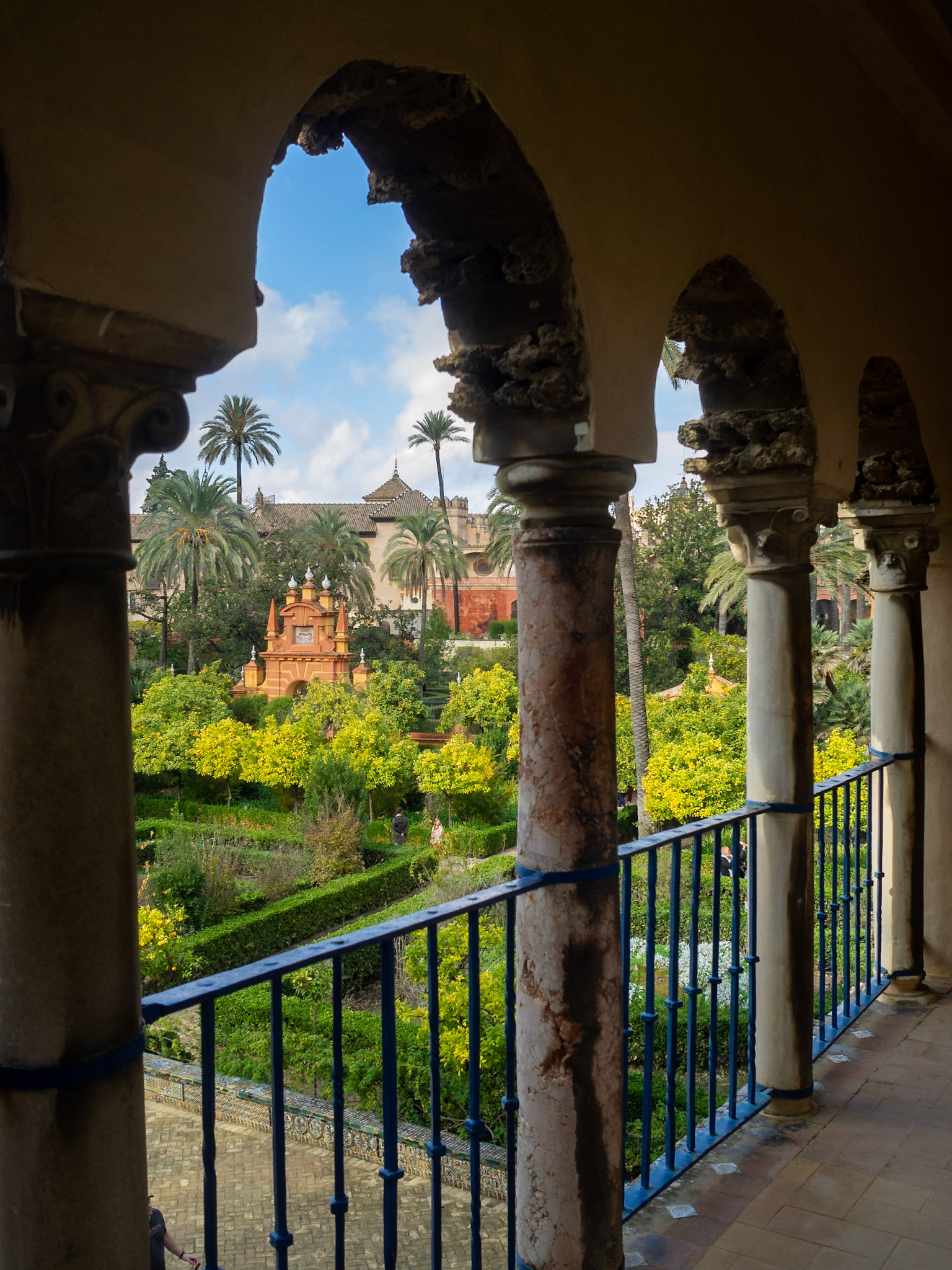 Alcazar of Seville gardens seen from the balcony of the Grutesco