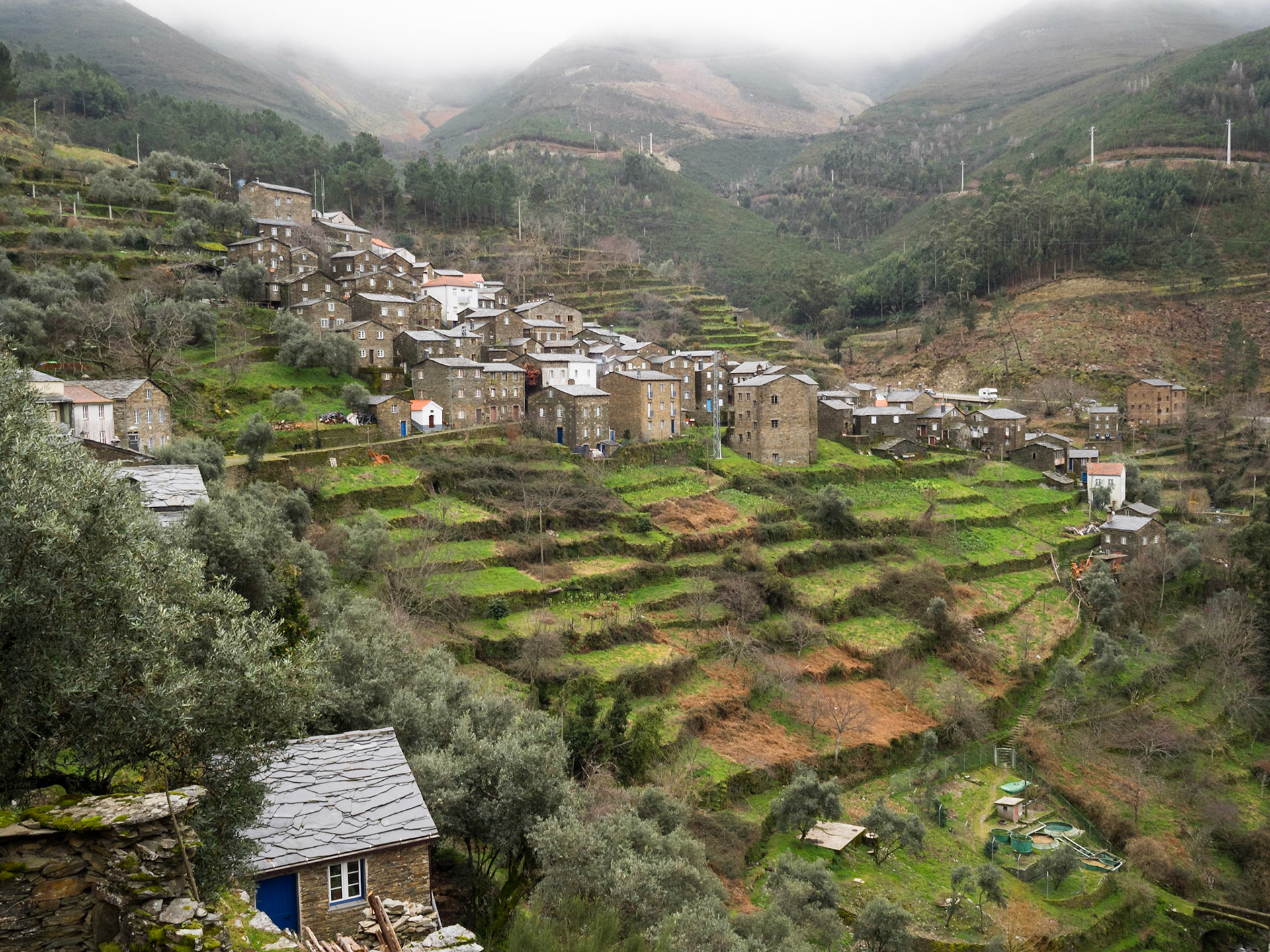 Stone houses of Piodão hamlet in the slops of Açor mountain