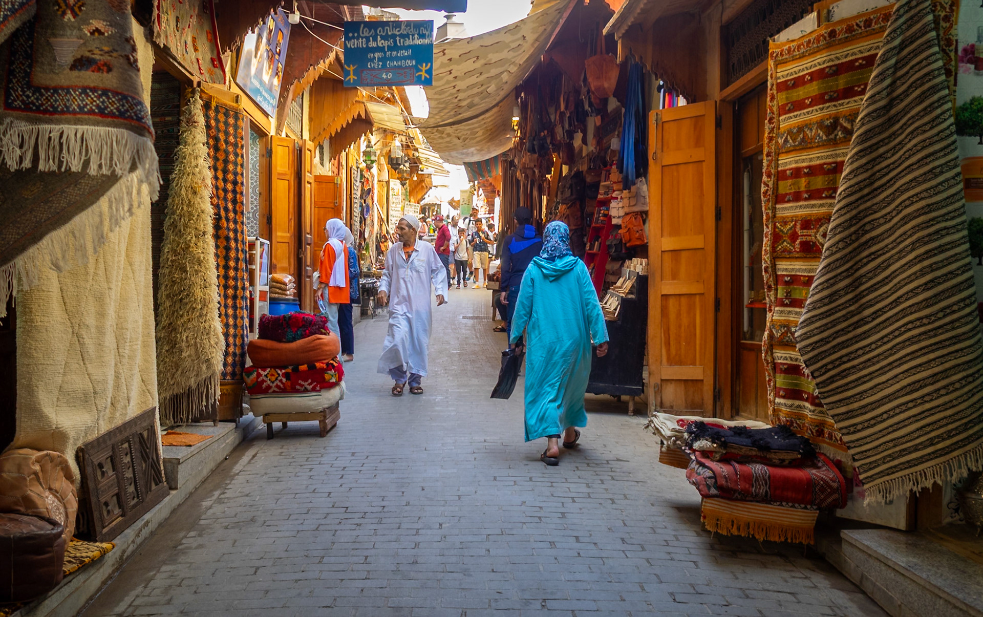 Carpet shops in Fez medina, Morocco