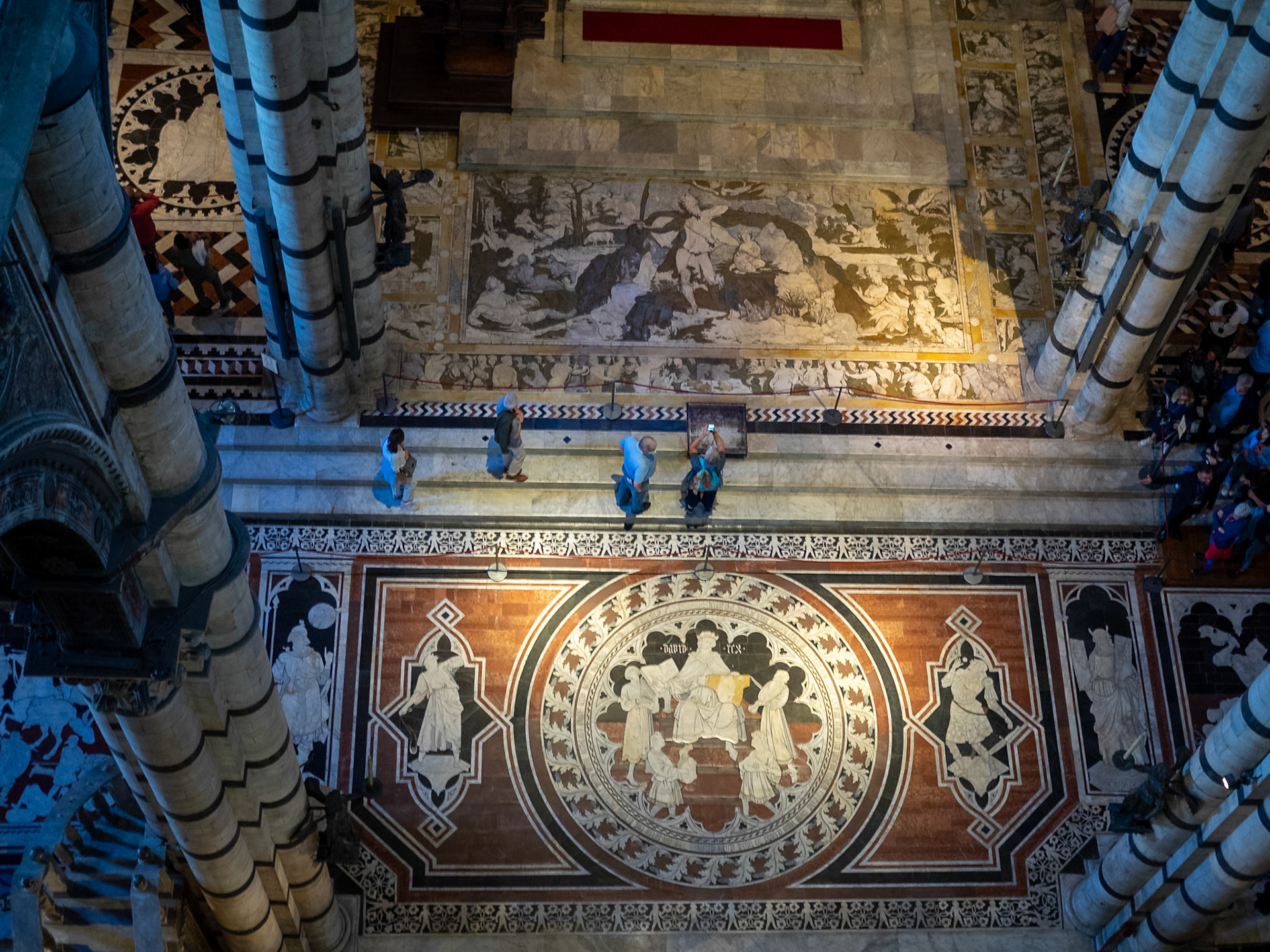 Siena Cathedral inlaid marble floor mosaics seen from above