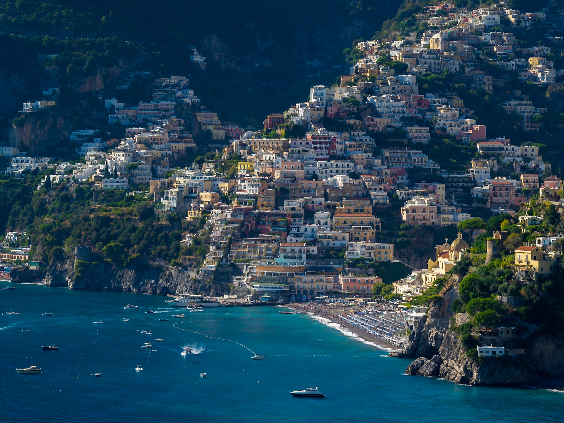 Positano below the mountains of Amalfi Coast