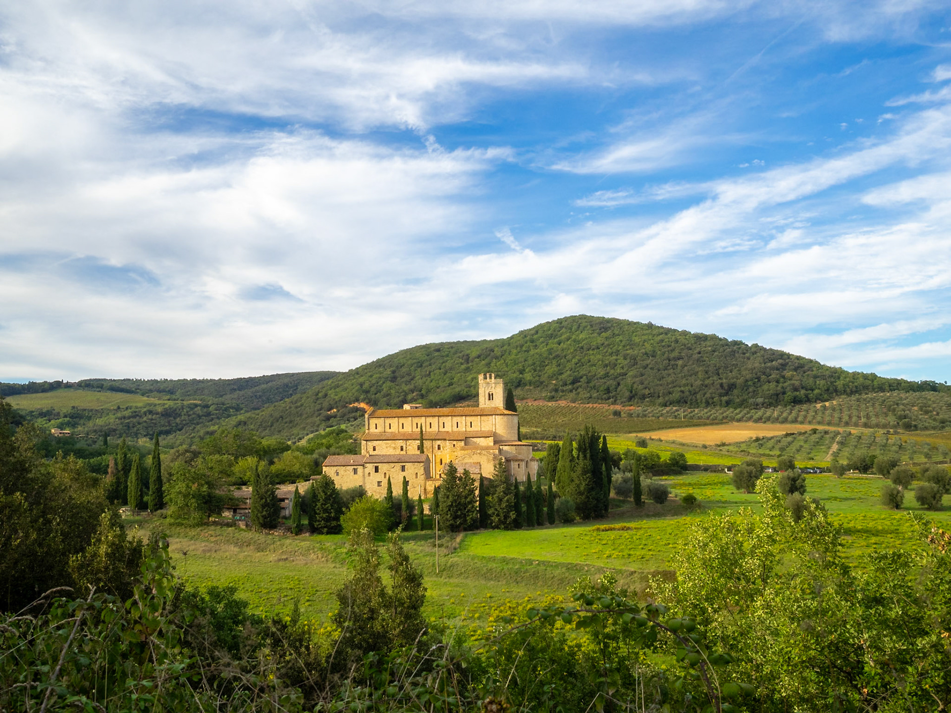Abbazia di Sant'Antimo in the middle of the agriculture fields