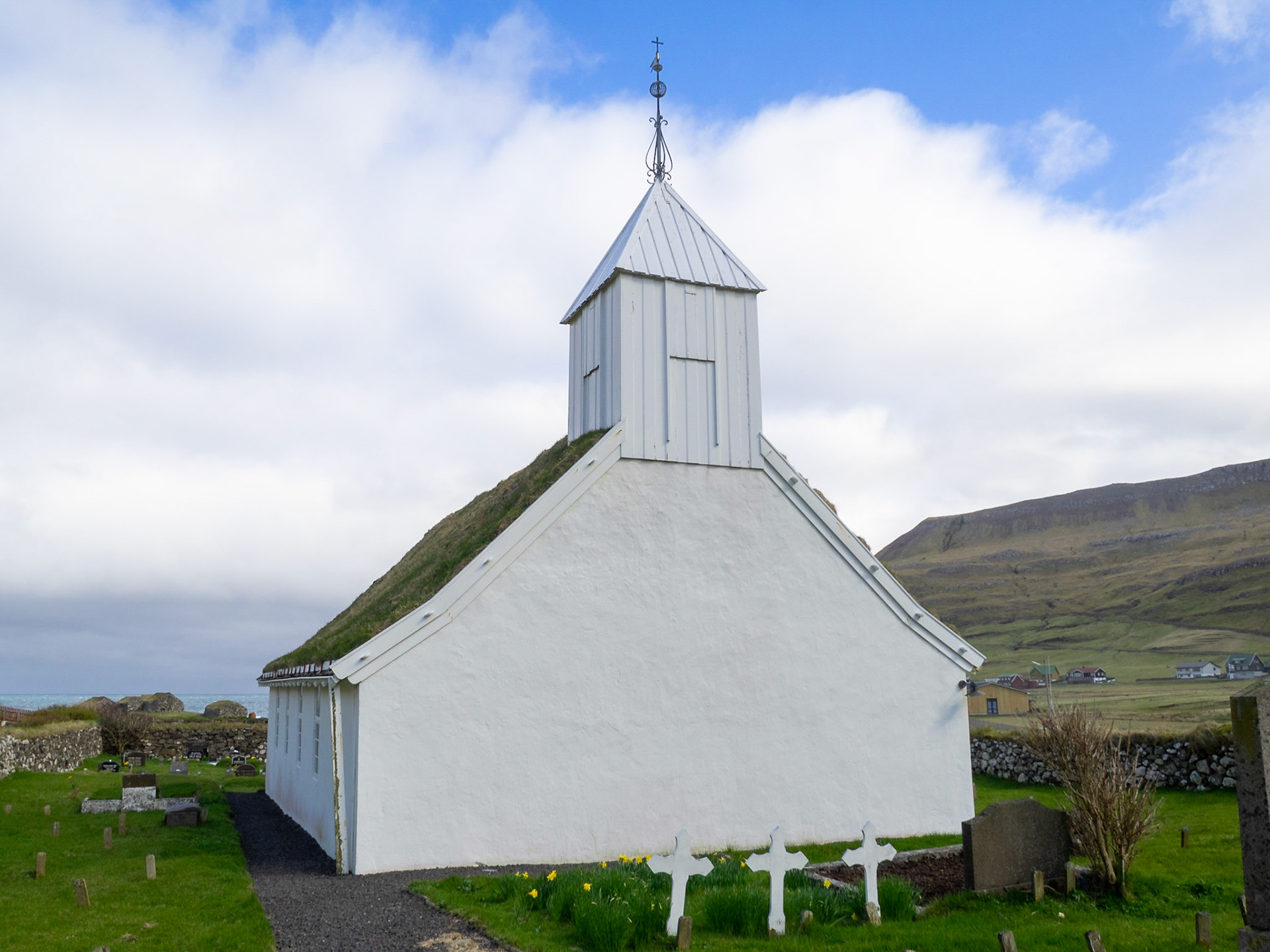 Húsavík turf roofed white church