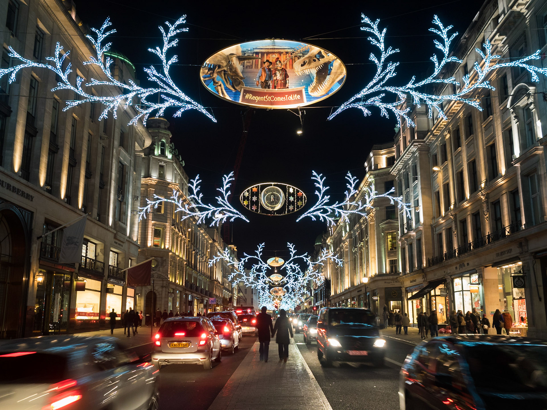 Regent Street 2014 Christmas decorations over the night traffic