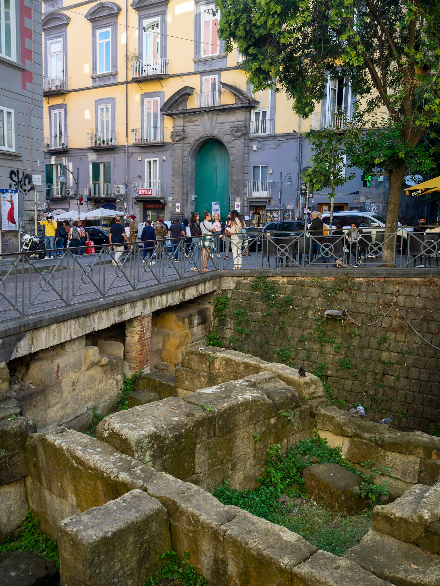 The remains of the old Greek city wall in Naples Piazza Vincenzo Bellini