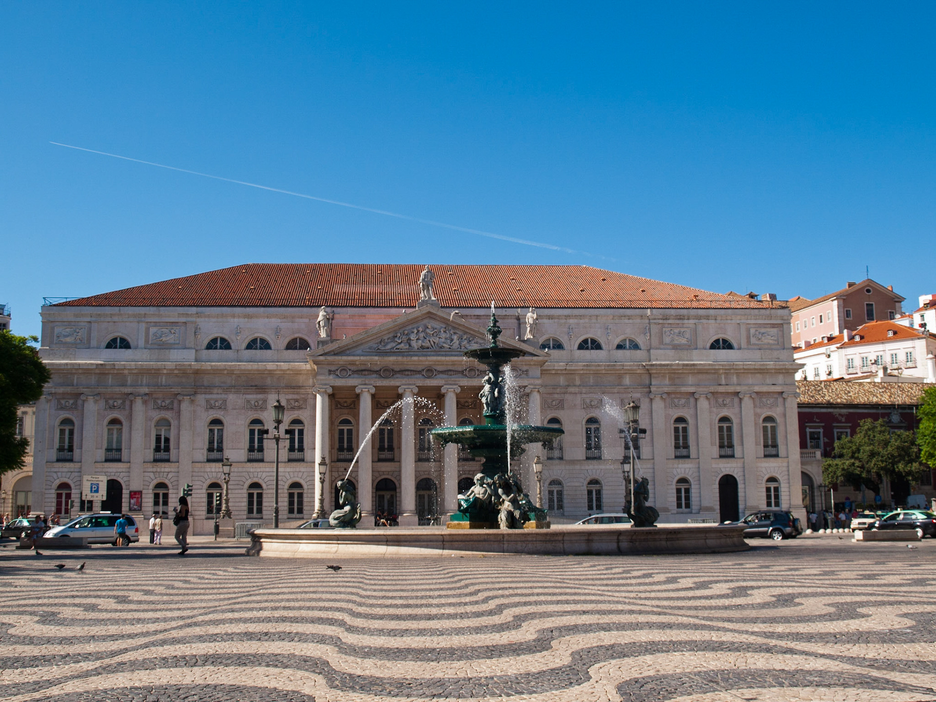 Rossio Square with fountain and Dona Maria National Theater, Lisbon